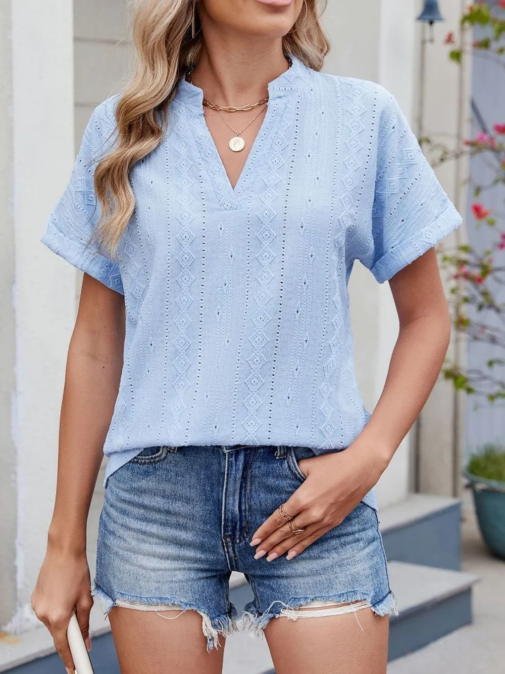 Eyelet Notched Short Sleeve Top, image 25
