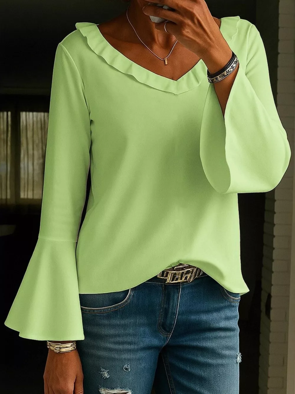 Full Size Ruffled V-Neck Long Sleeve Blouse Plus Size, image 5