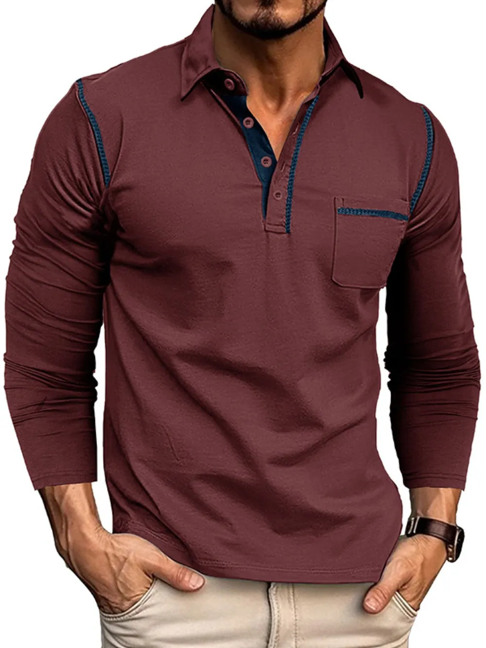 Men's Long Sleeve Polo Shirt with Contrast Stitching, image 7