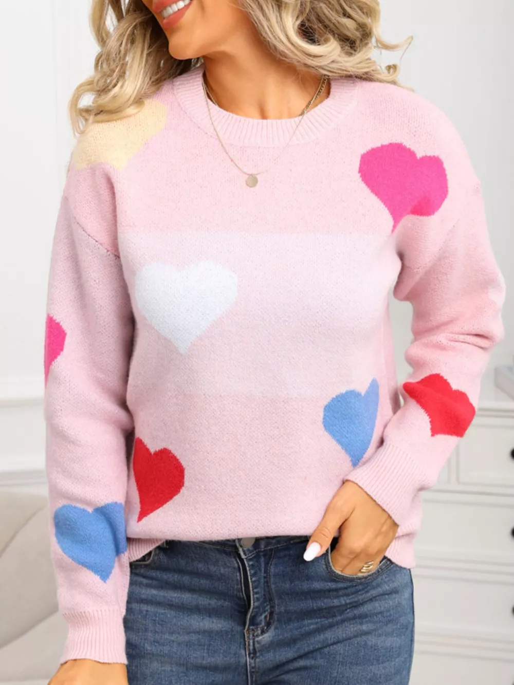 Valentine's Day Heart Round Neck Dropped Shoulder Sweater, image 4