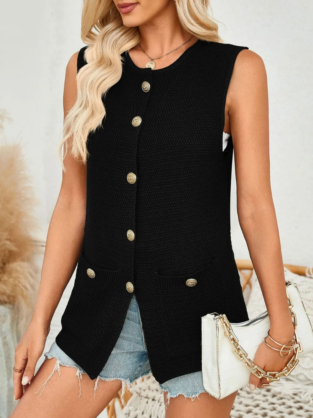 Button Down Round Neck Knit Vest, image 16