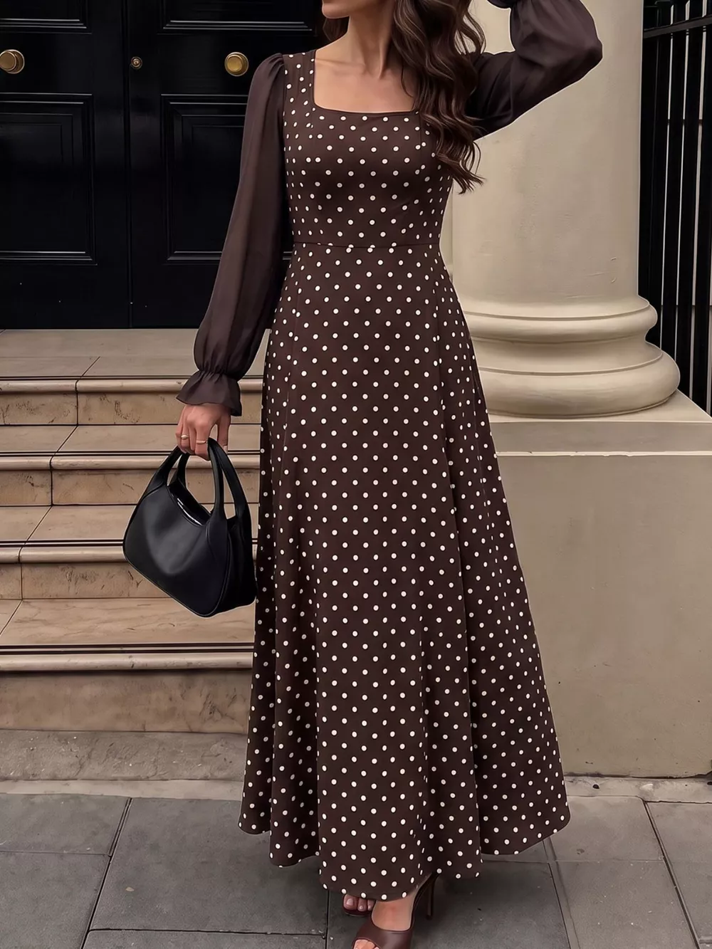 Polka Dot Square Neck Long Sleeve Maxi Dress, image 3