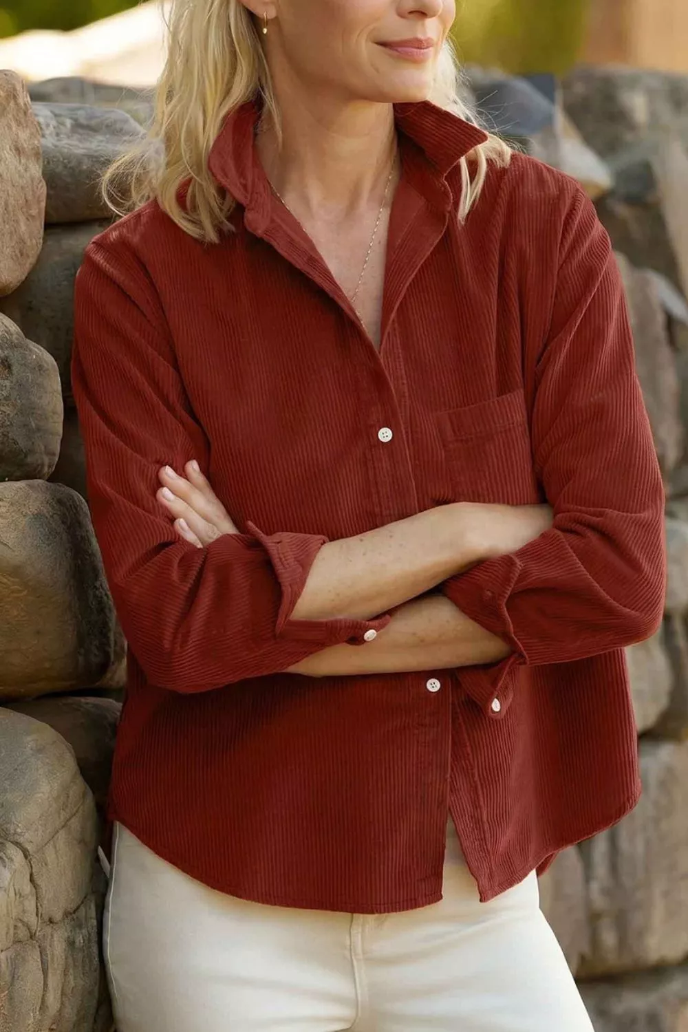 Adjustable Cuff Long Sleeve Corduroy Shirt