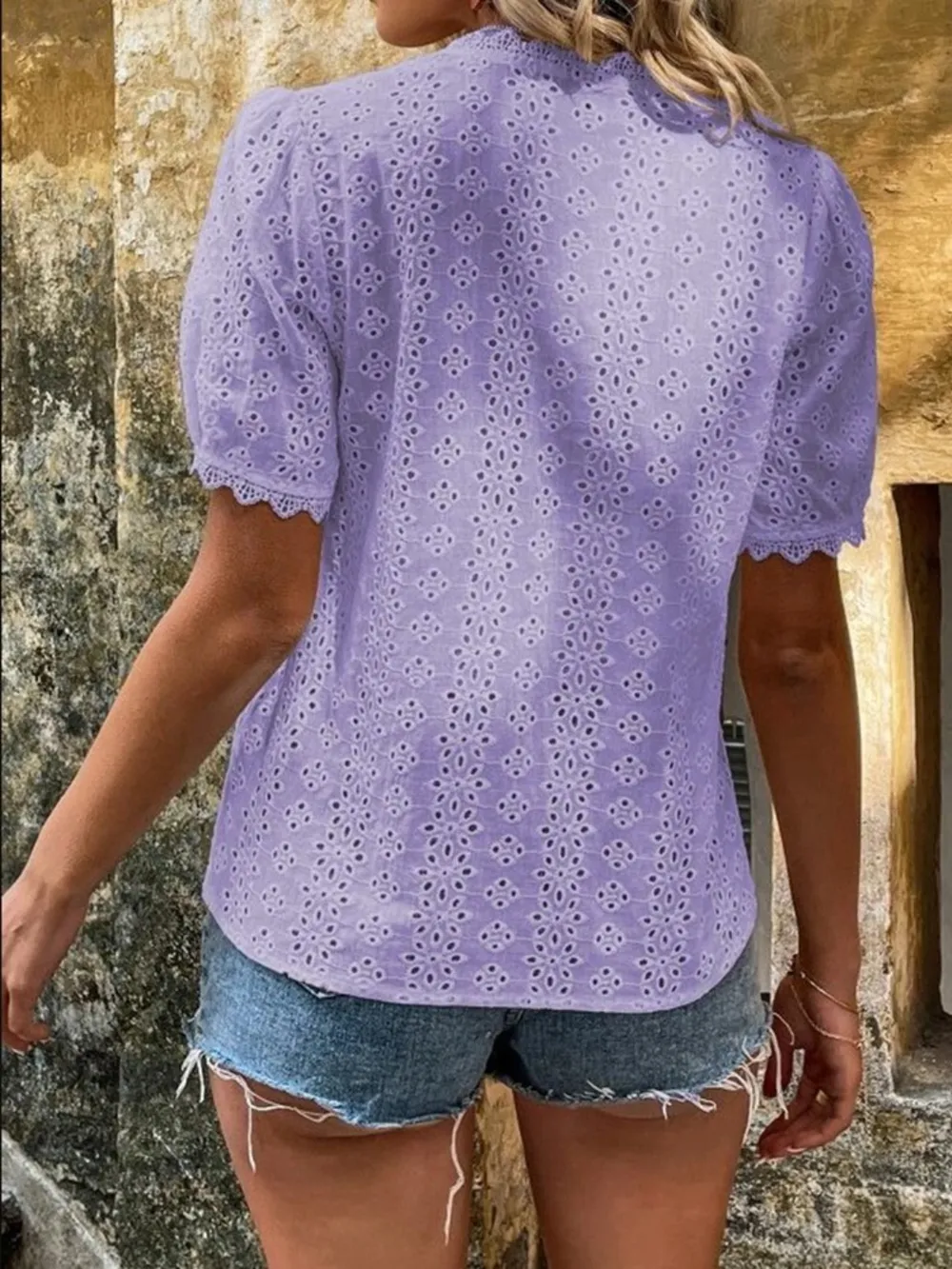 Full Size Eyelet V-Neck Short Sleeve Blouse Plus Size, image 9