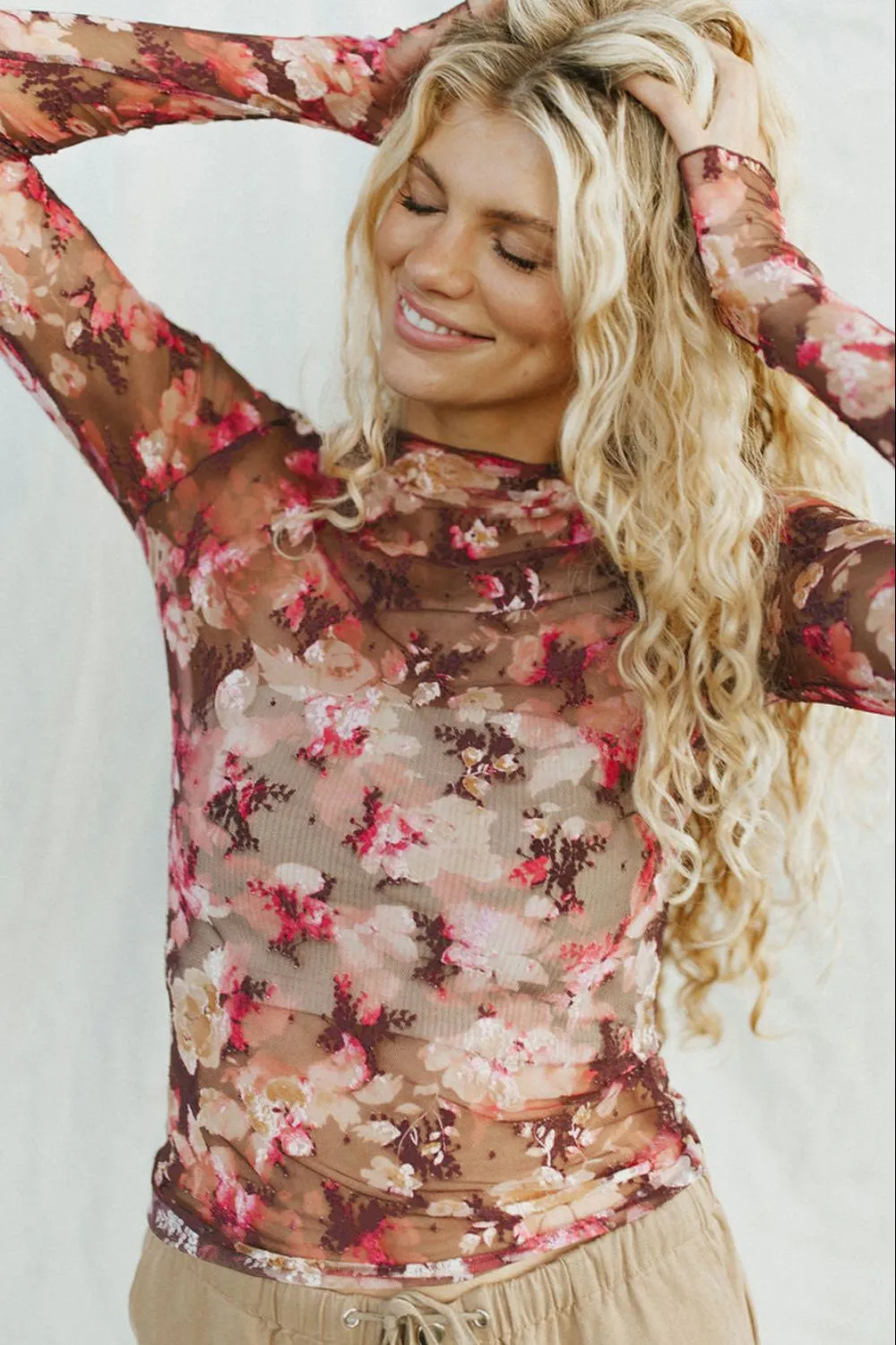 Floral Mock Neck Long Sleeve Sheer Top, image 8