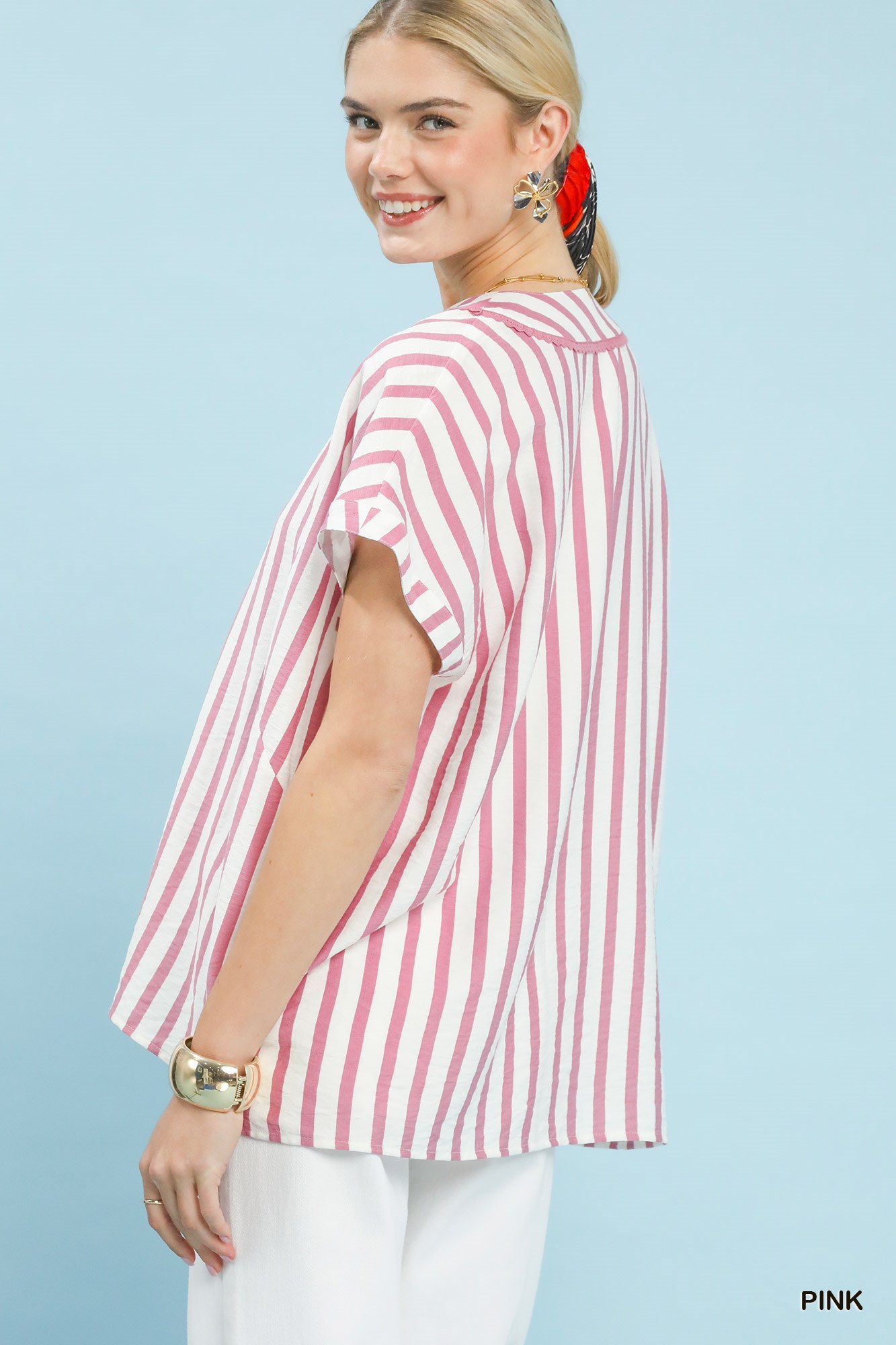 Mixed Stripe Split Neck Oversized Blouse, image 4