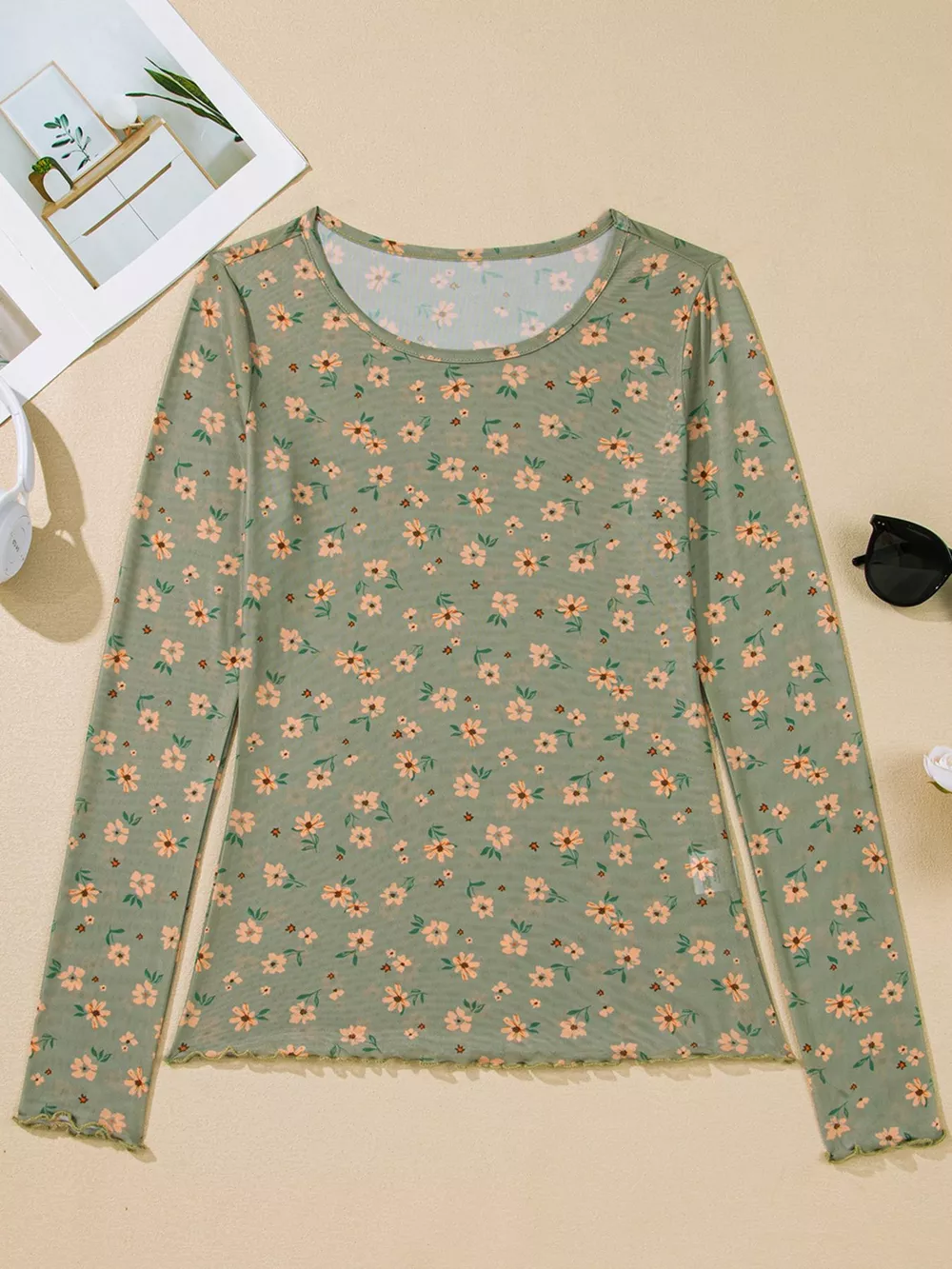 Floral Print Mesh Long Sleeve Top, image 6
