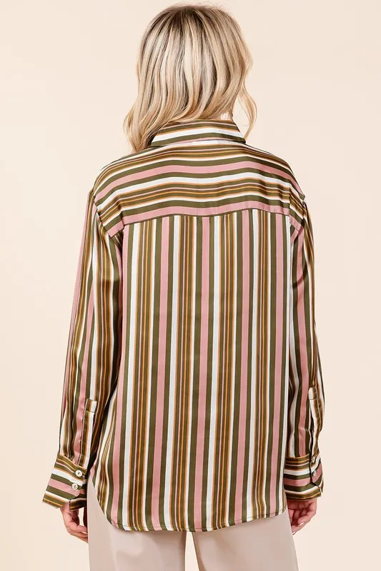 Striped Button Down Satin Shirt, image 5