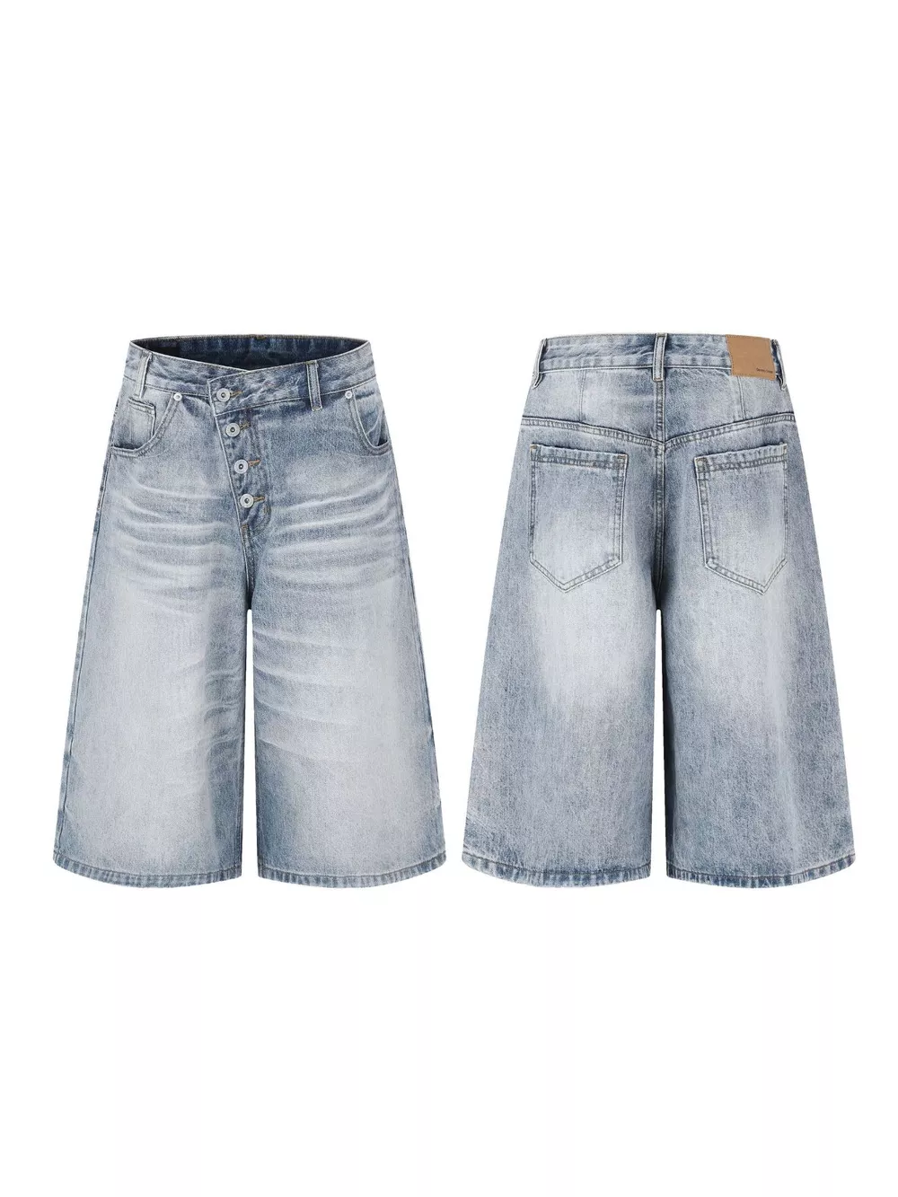 Men's High-Waisted Asymmetric Button-Fly Wide-Leg Denim Capris, image 4