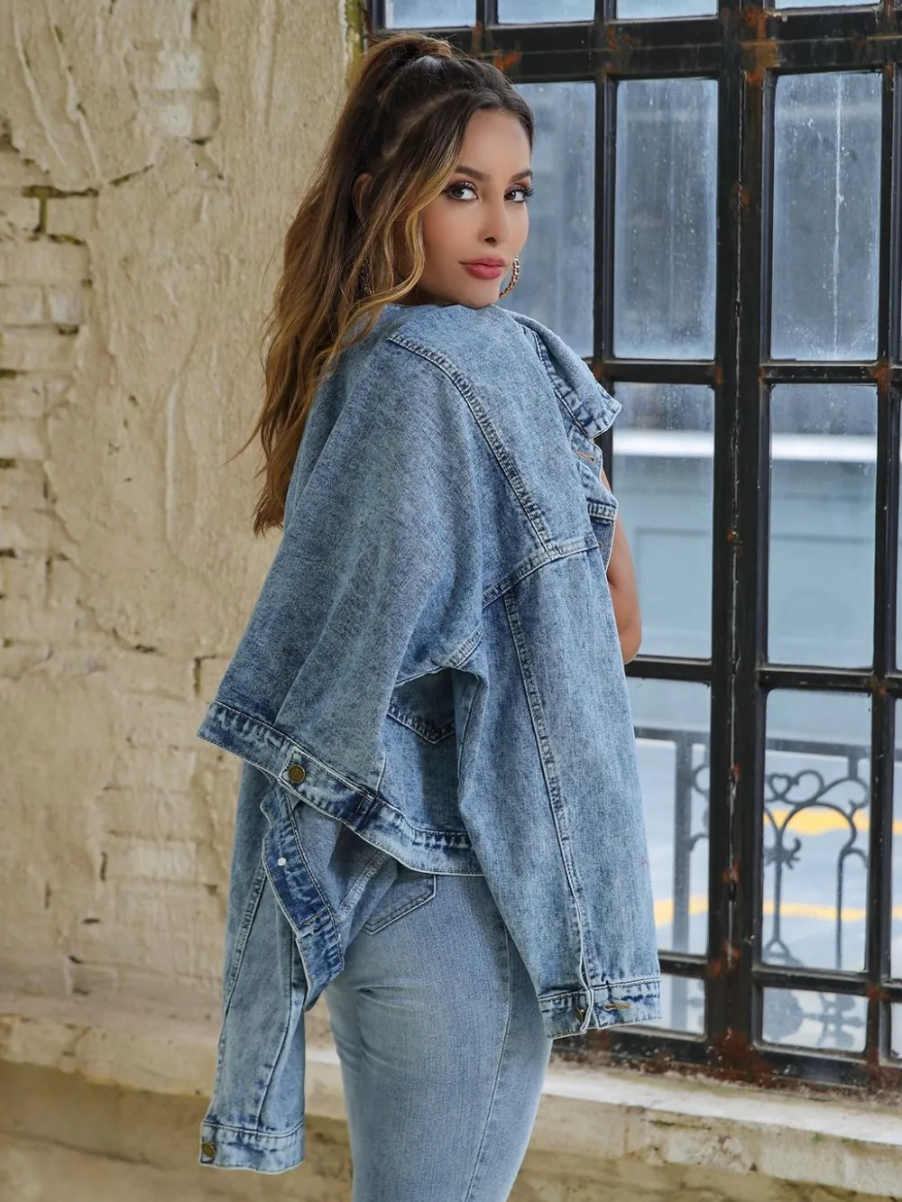 Button Down Drop Shoulder Denim Jacket, image 3