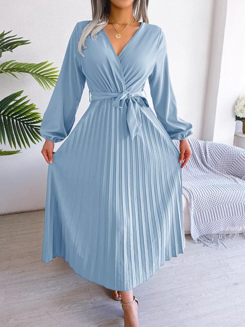 Elegant Pleated Front Tie Long Sleeve Dress, image 11
