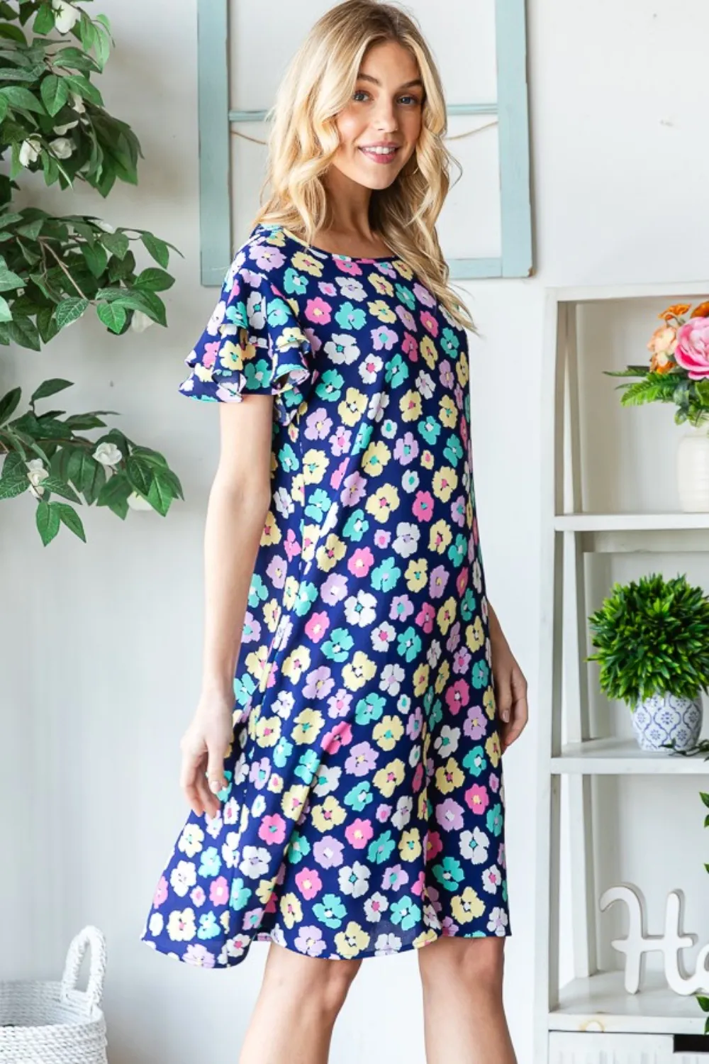 Full Size Floral Ruffled Short Sleeve Dress with Pockets, image 6