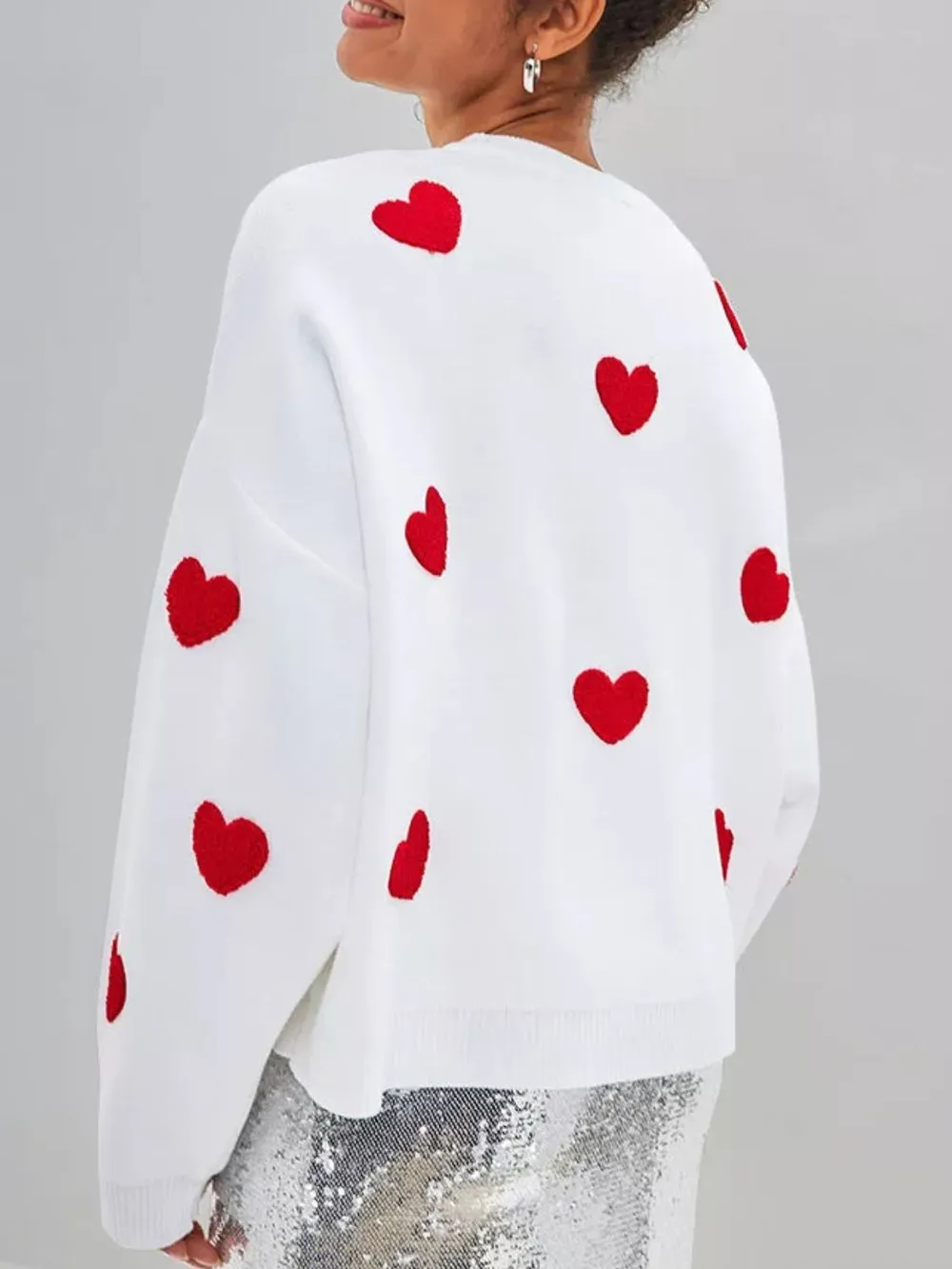 Heart Round Neck Dropped Shoulder Sweater, image 5