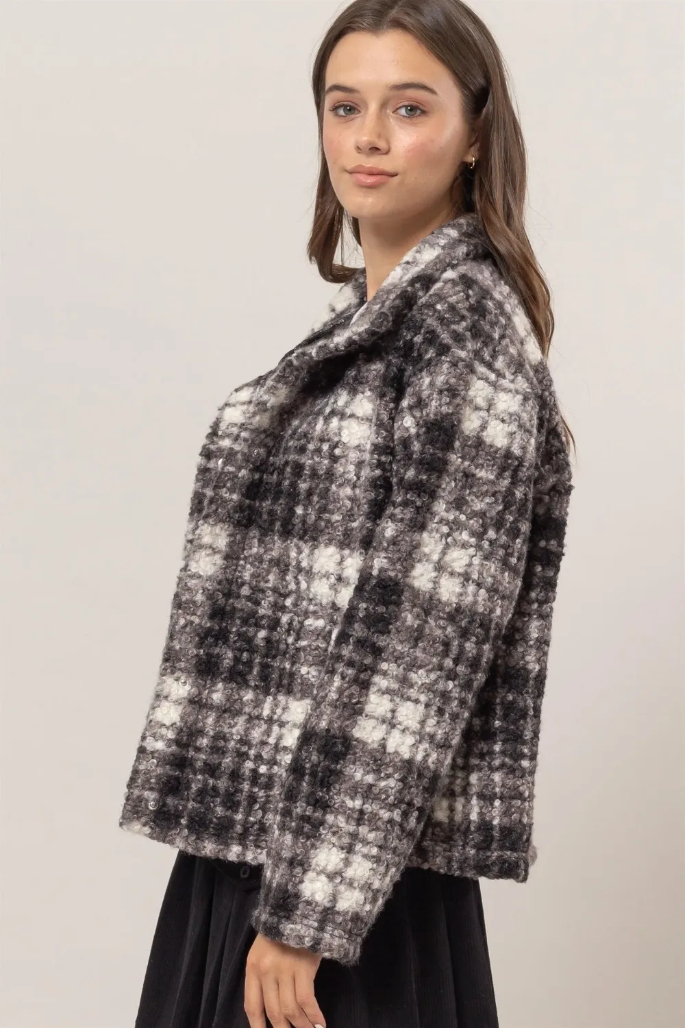 Plaid Collared Neck Boucle Jacket with Pockets, image 5