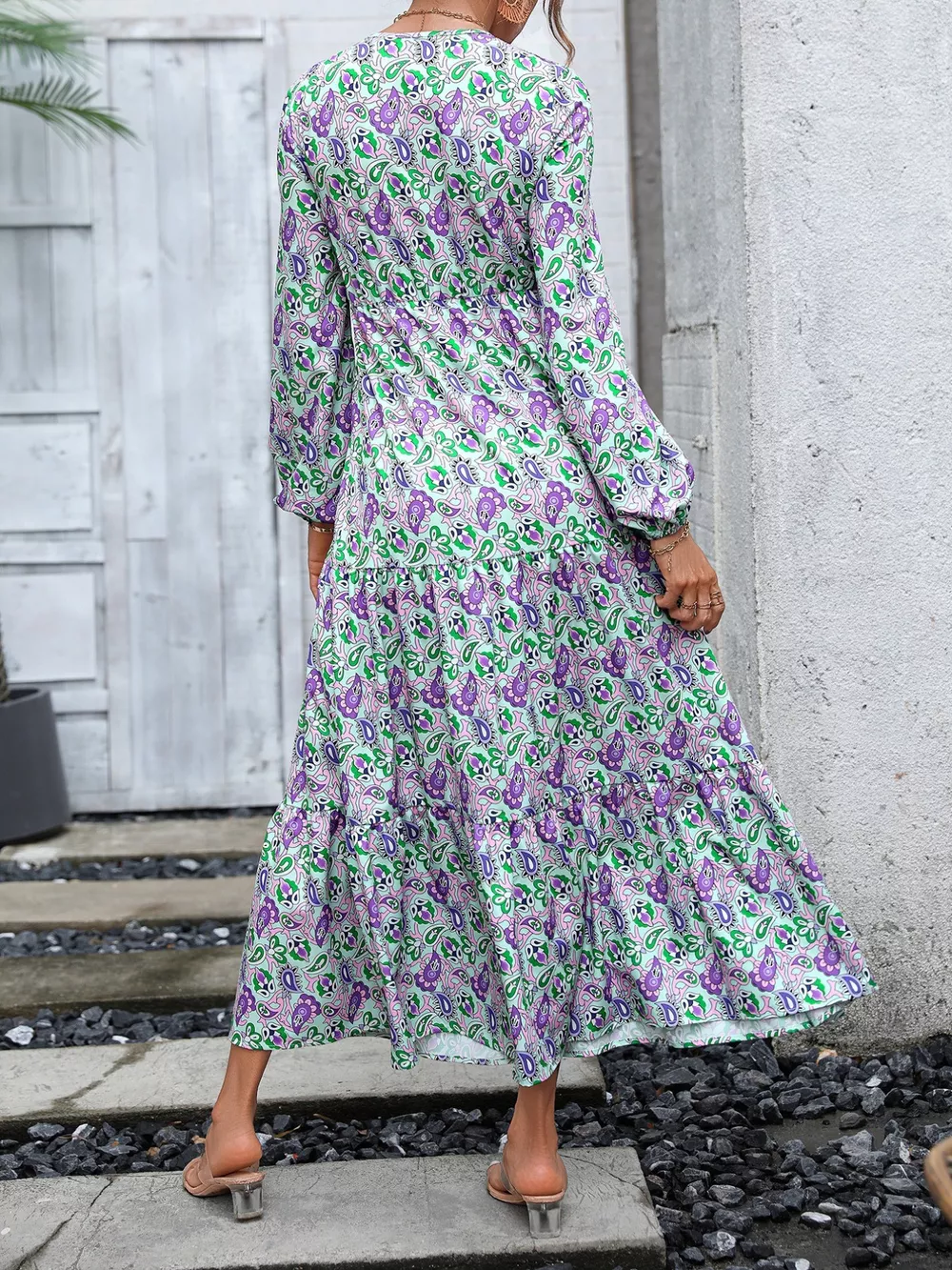 Printed V-Neck Long Sleeve Dress, image 2