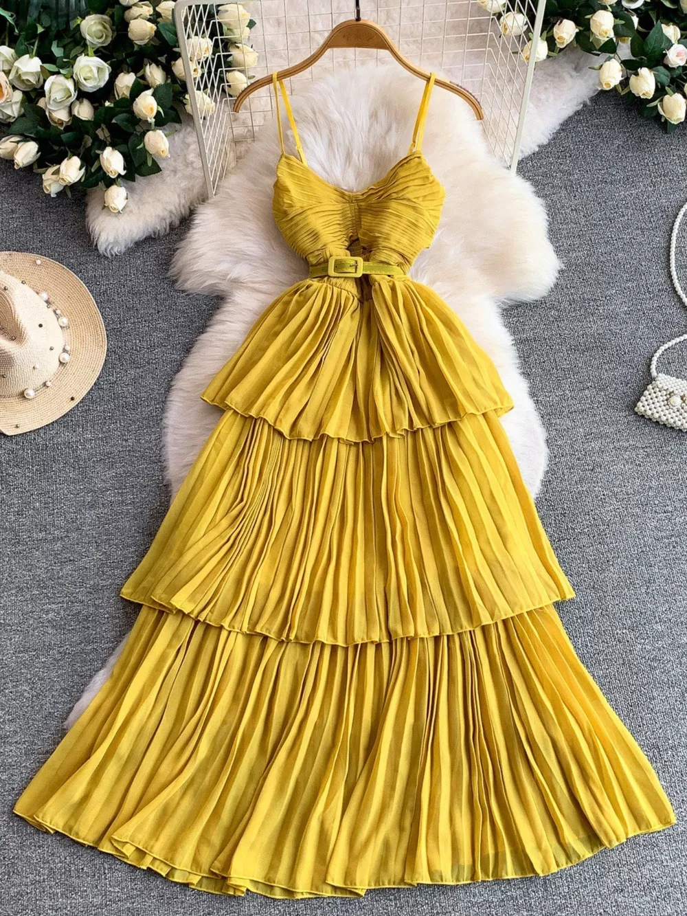 Pleated Layered Spaghetti Strap Midi Dress, image 15