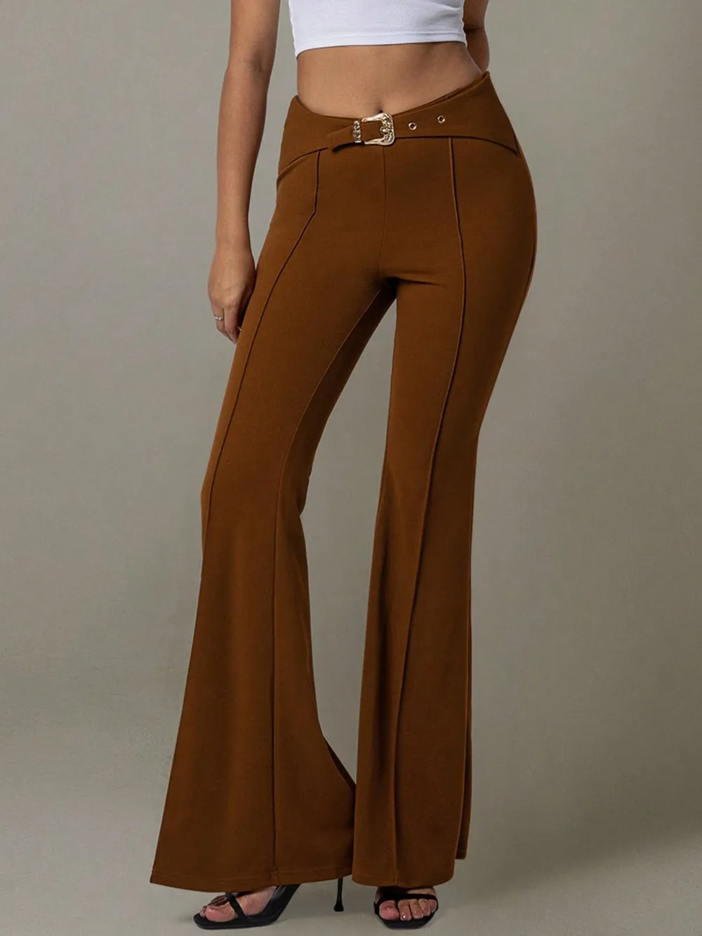 High Waist Flare Pants with Buckle Belt, image 8