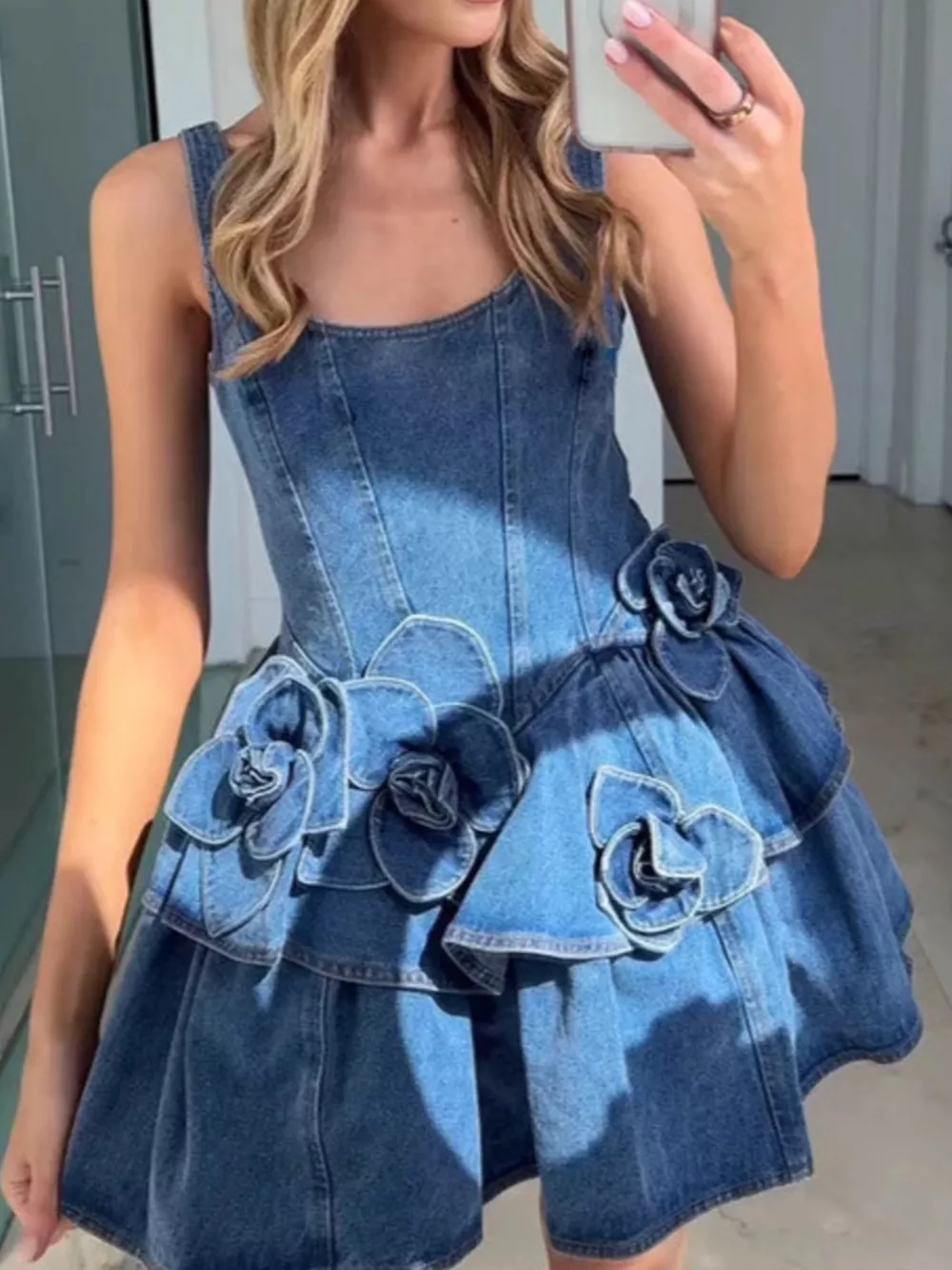 Floral Ruffle Layered Denim Dress, image 4
