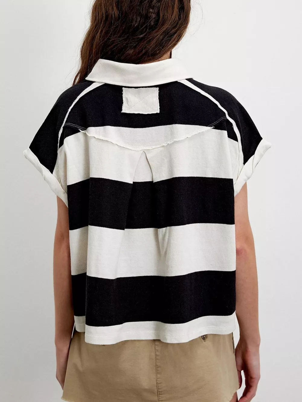 Half Button Striped Short Sleeve Cropped Polo Shirt, image 9