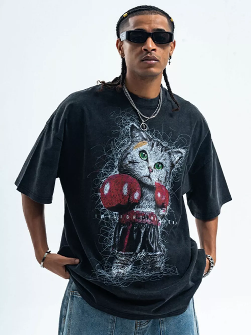 Men's Cat Graphic Vintage Wash T-Shirt, image 4