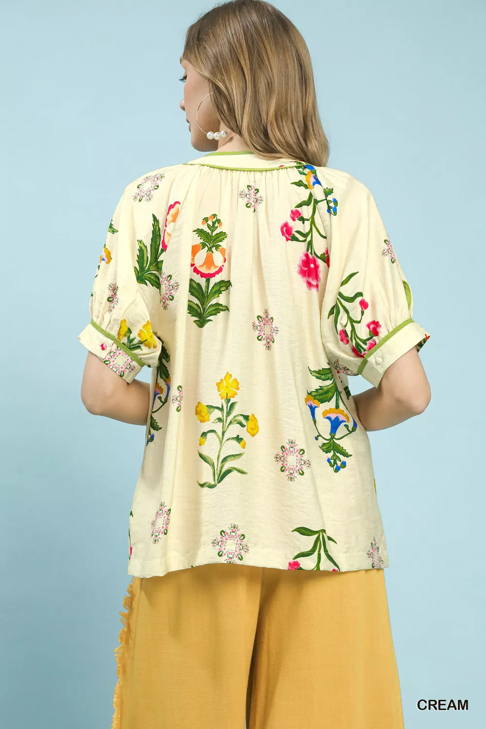 Botanical Print Contrast Trim Button Blouse, image 3
