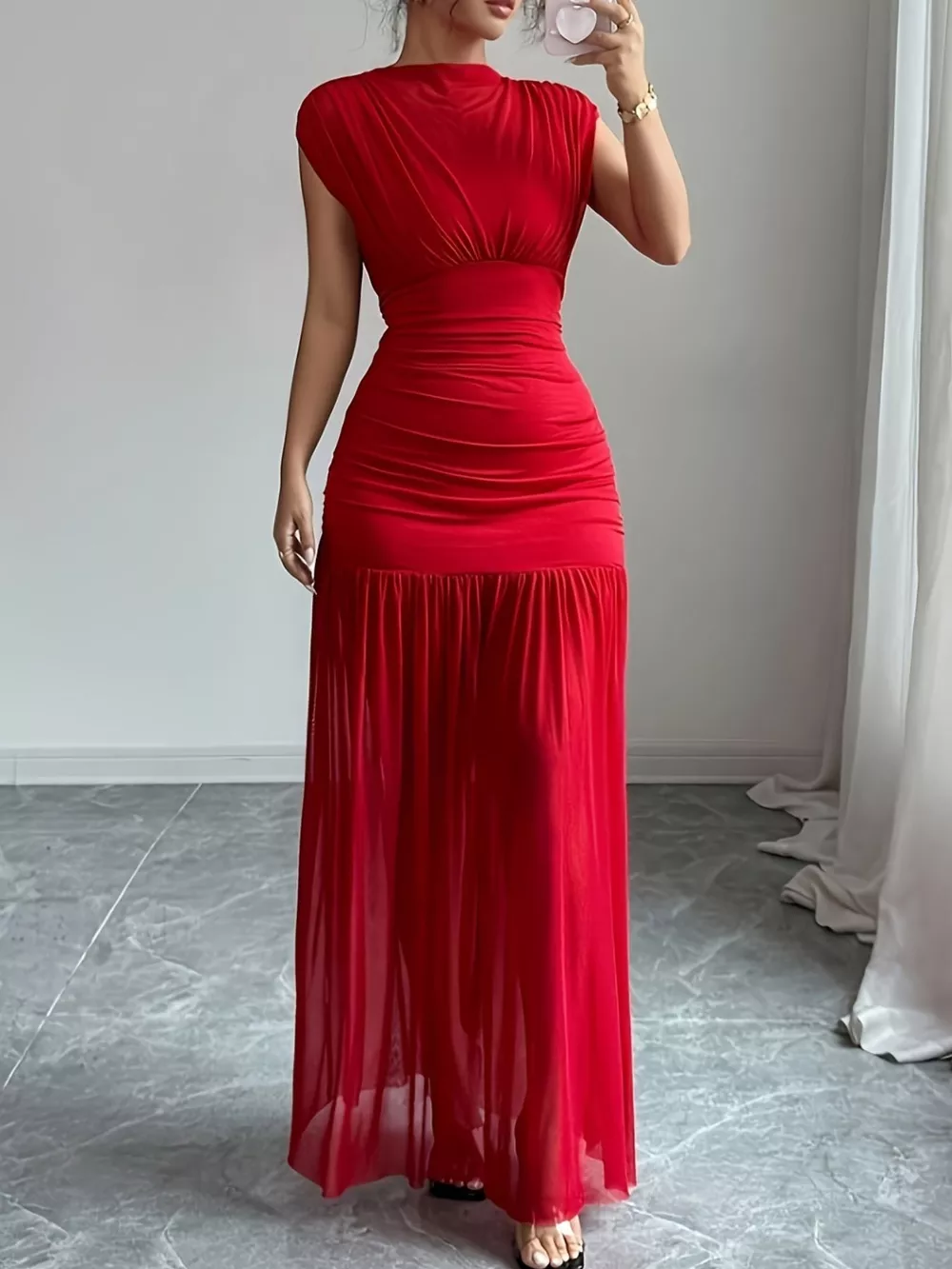 Ruched Cap Sleeve Maxi Dress, image 4
