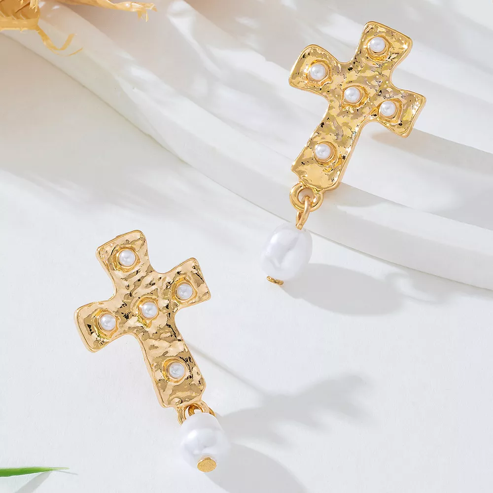 18K Gold-Plated Synthetic Pearl Cross Drop Earrings, image 3