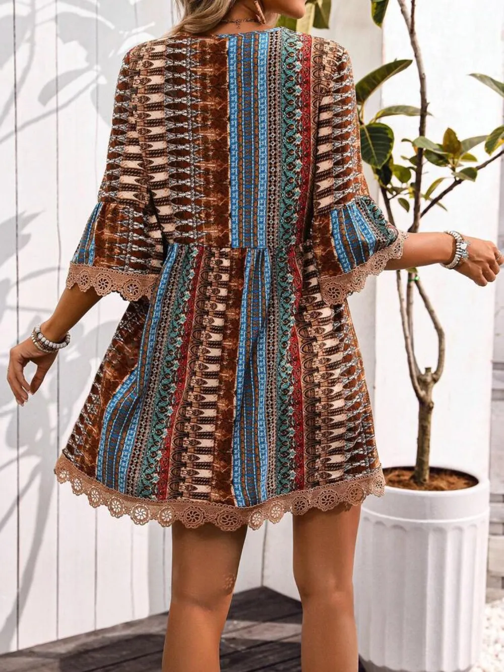 Lace Trim Printed V-Neck 3/4 Sleeve Dress, image 11