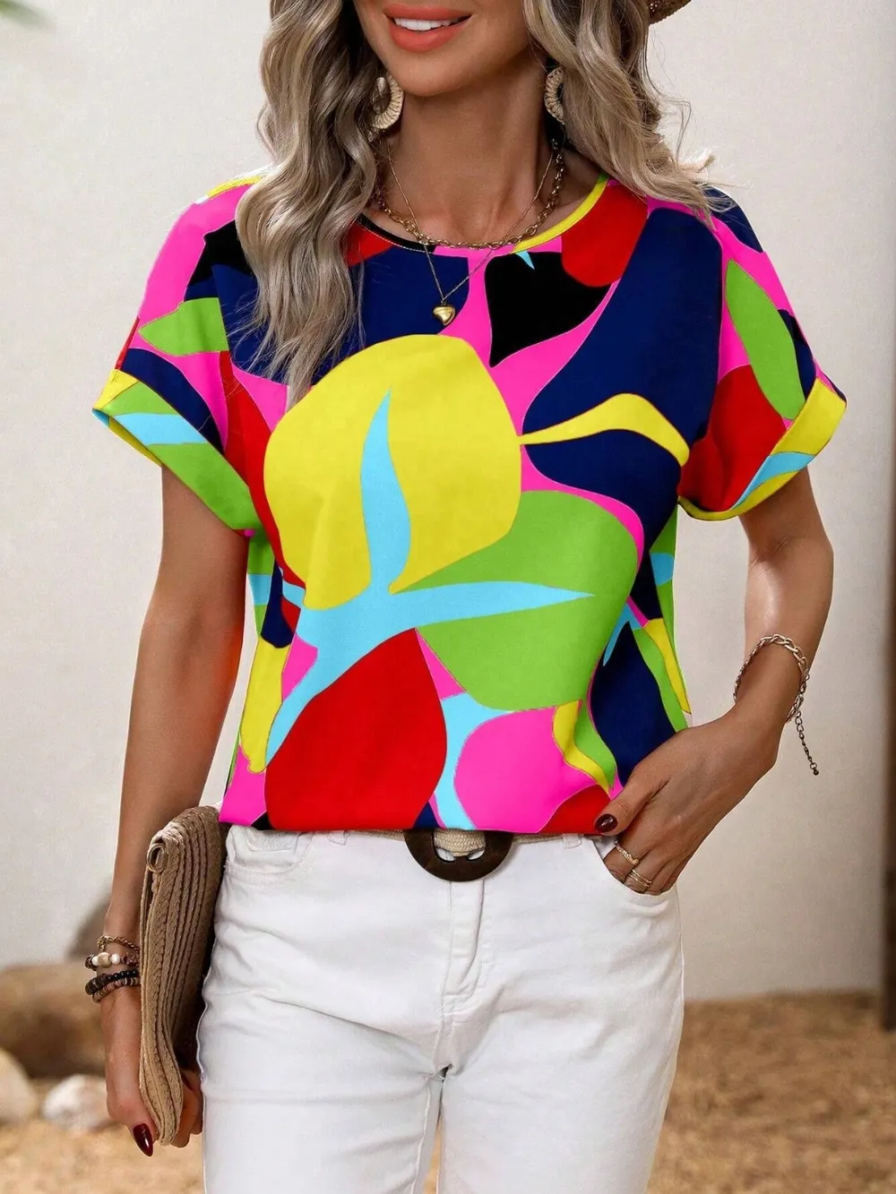 Contrast Round Neck Short Sleeve Blouse, image 18