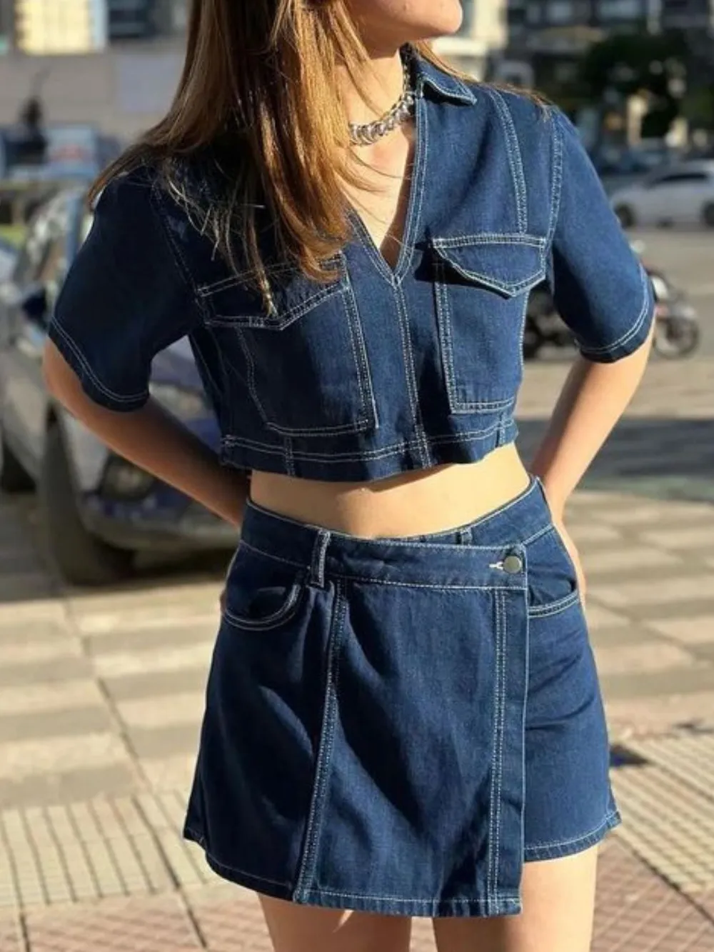 Johnny Collar Short Sleeve Top and Skort Denim Set