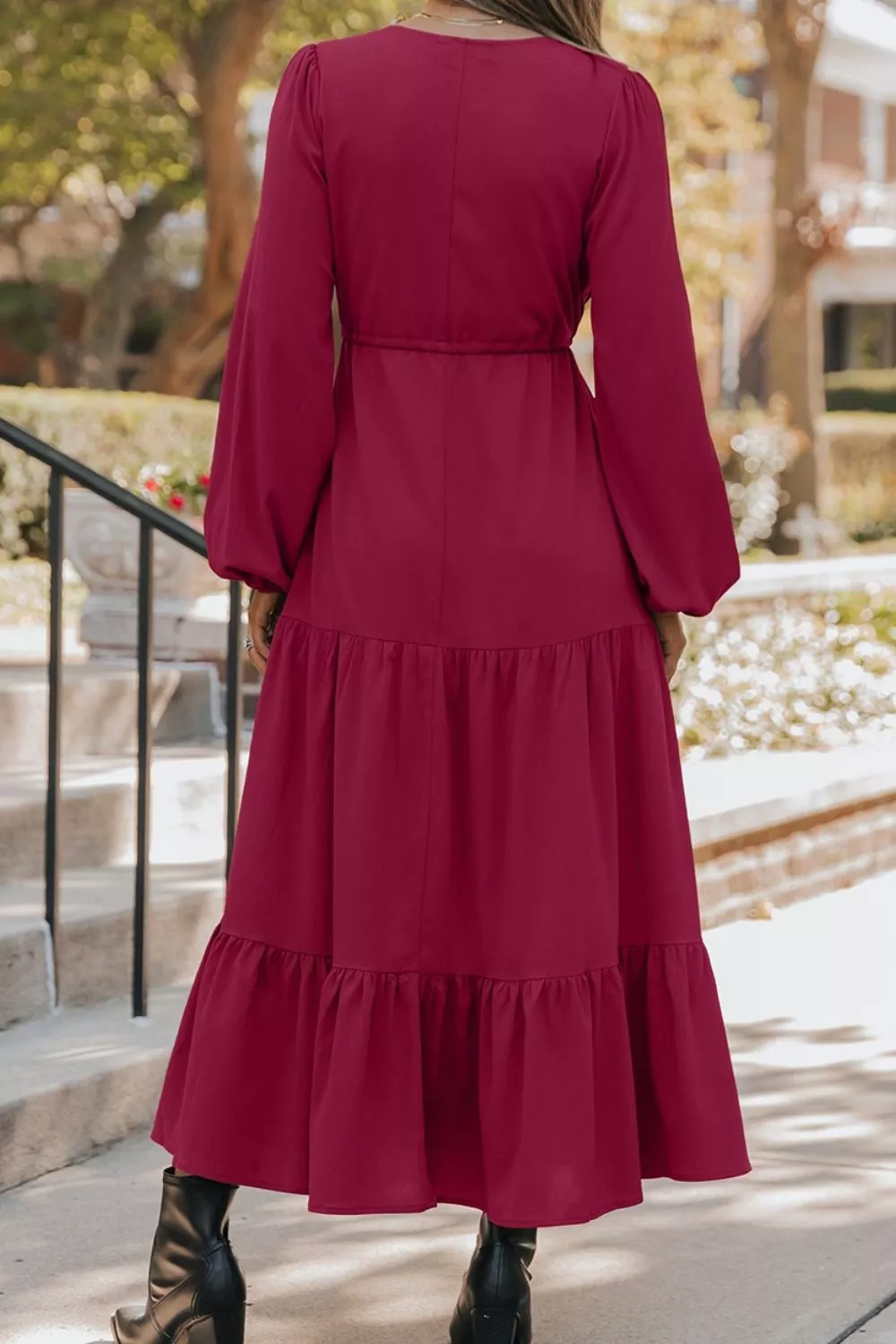 Long Sleeve Button V Neck Tiered Dress, image 4