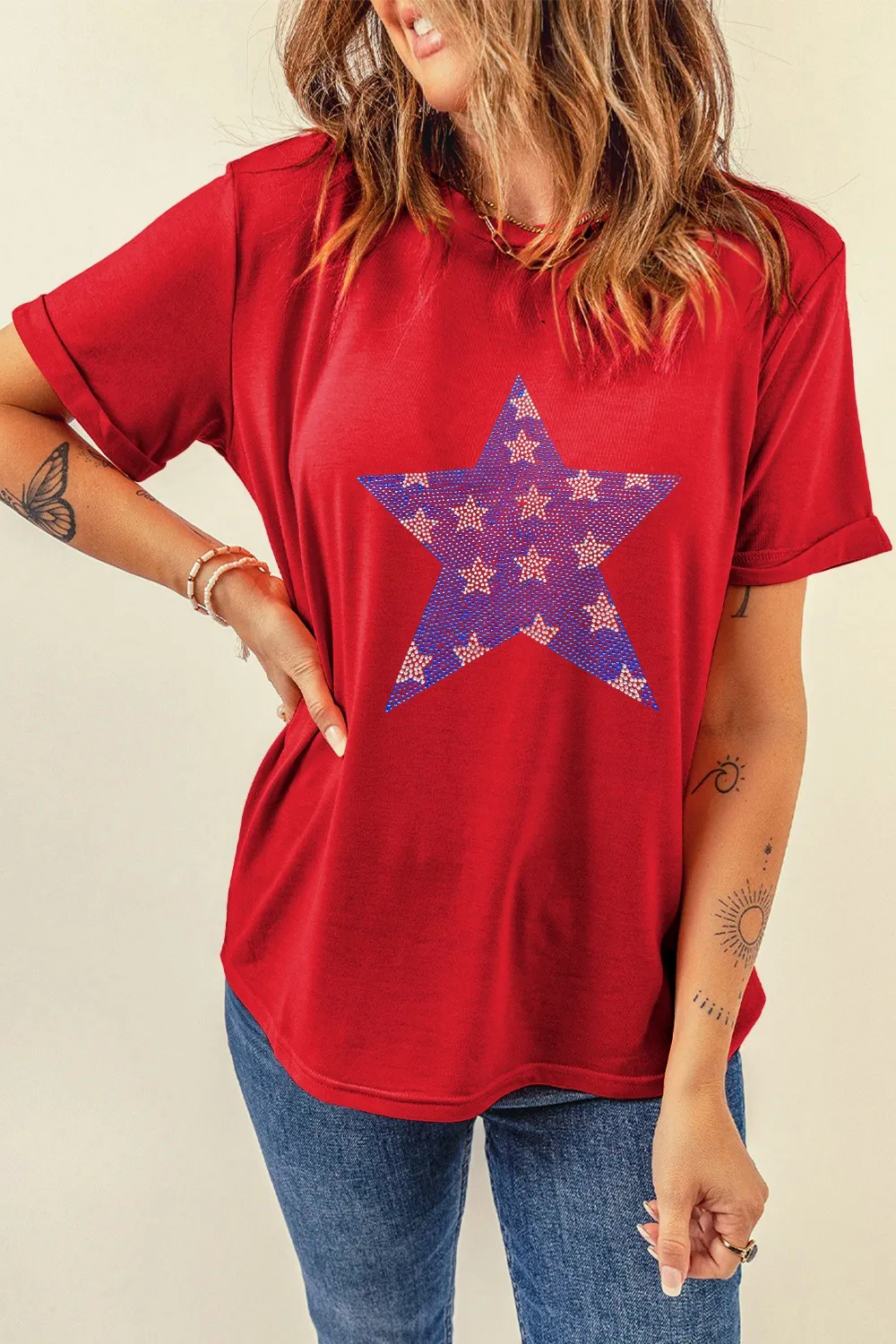 Patriotic Star Round Neck T-Shirt, image 5