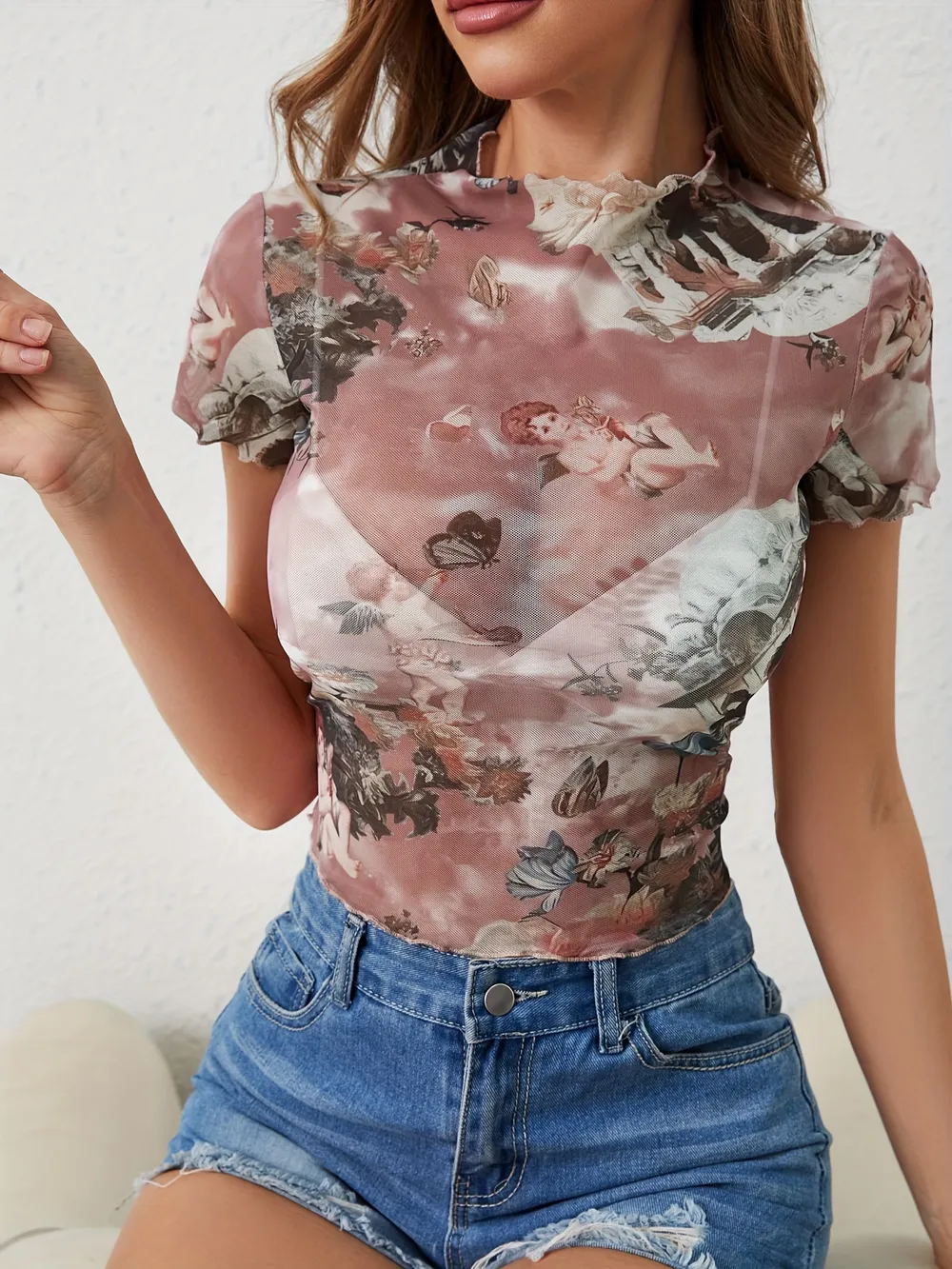 Abstract Print Ruffled Mock Neck Crop T-Shirt, image 11