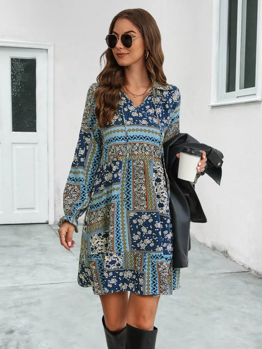 Boho Floral Print Long Sleeve Mini Dress