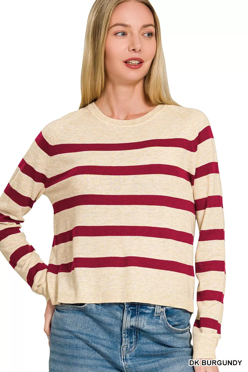 Lightweight Wool Blend Striped Round Neck Sweater