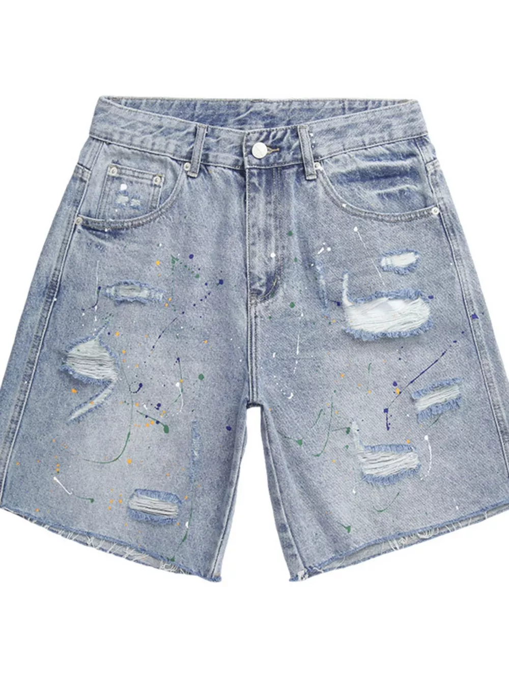 Men's Distressed Paint Splatter Denim Shorts, image 9