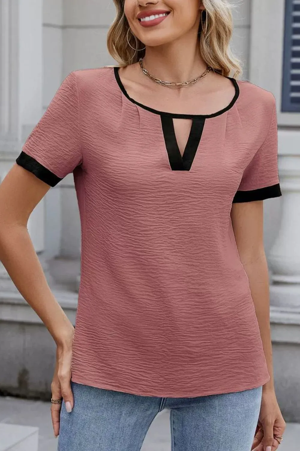 Cutout Round Neck Short Sleeve Top, image 2