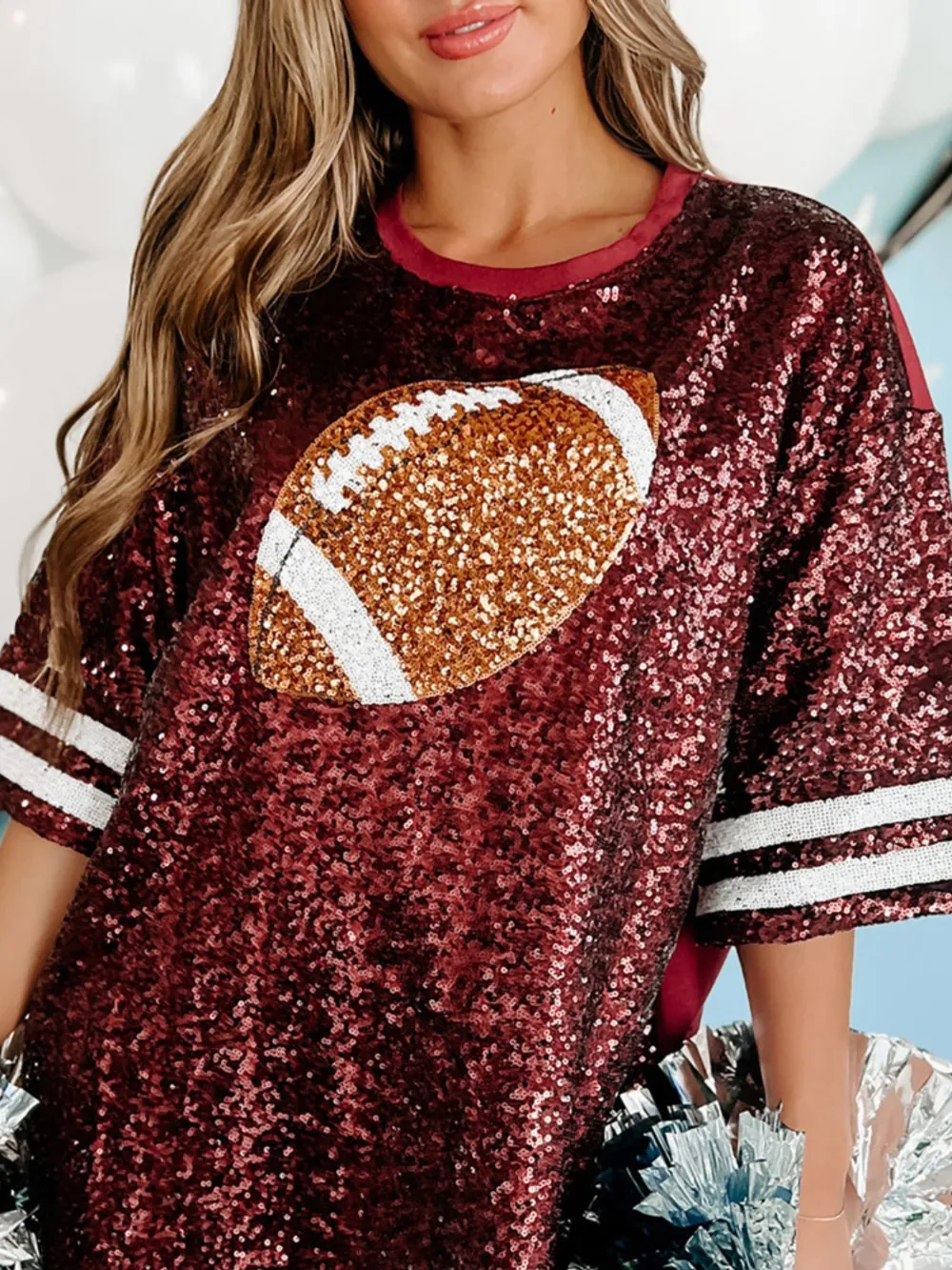 Sequin Football Round Neck Half Sleeve Oversize Top, image 6