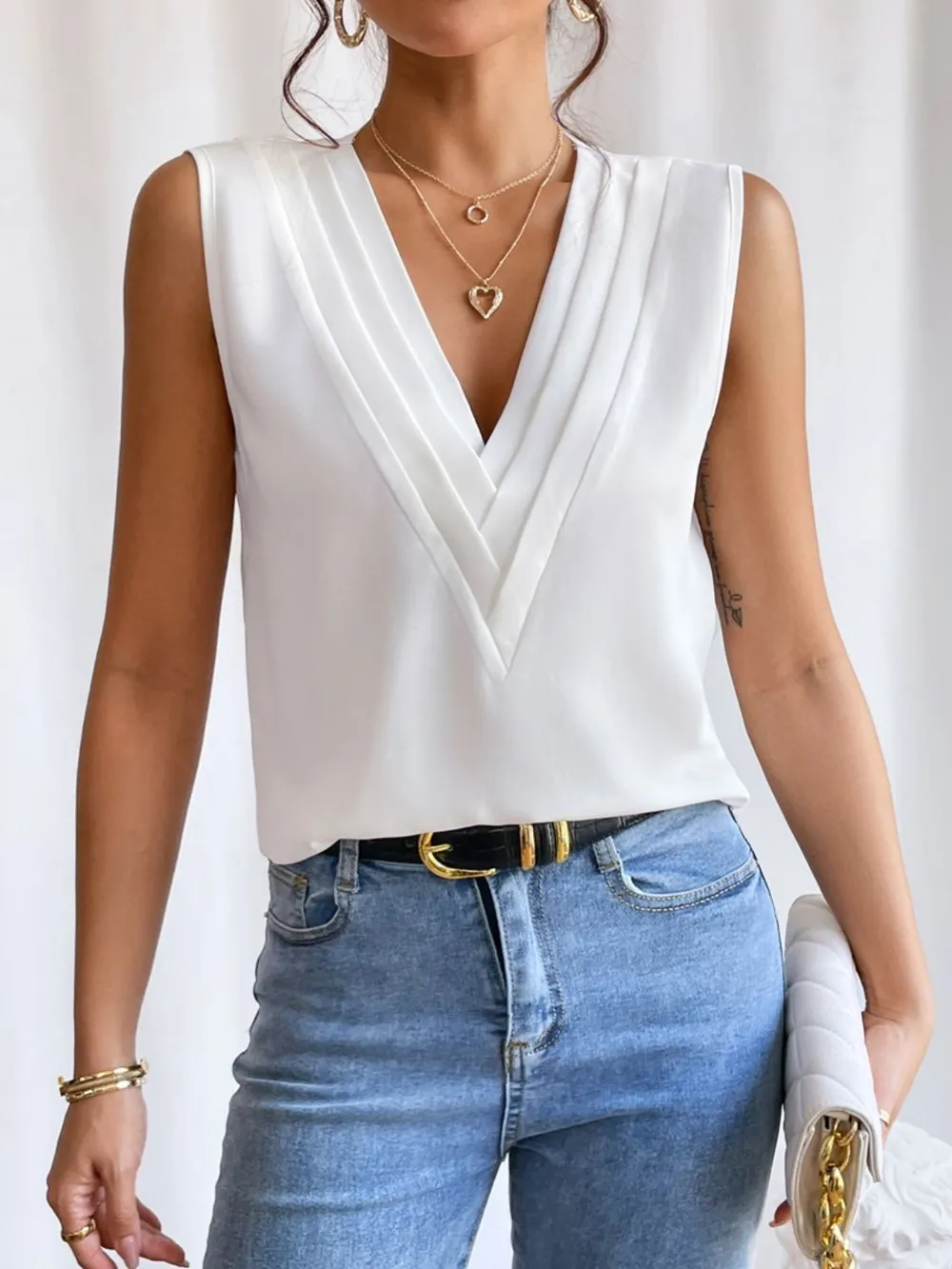 V-Neck Pleated Sleeveless Cami Tank Top, image 21