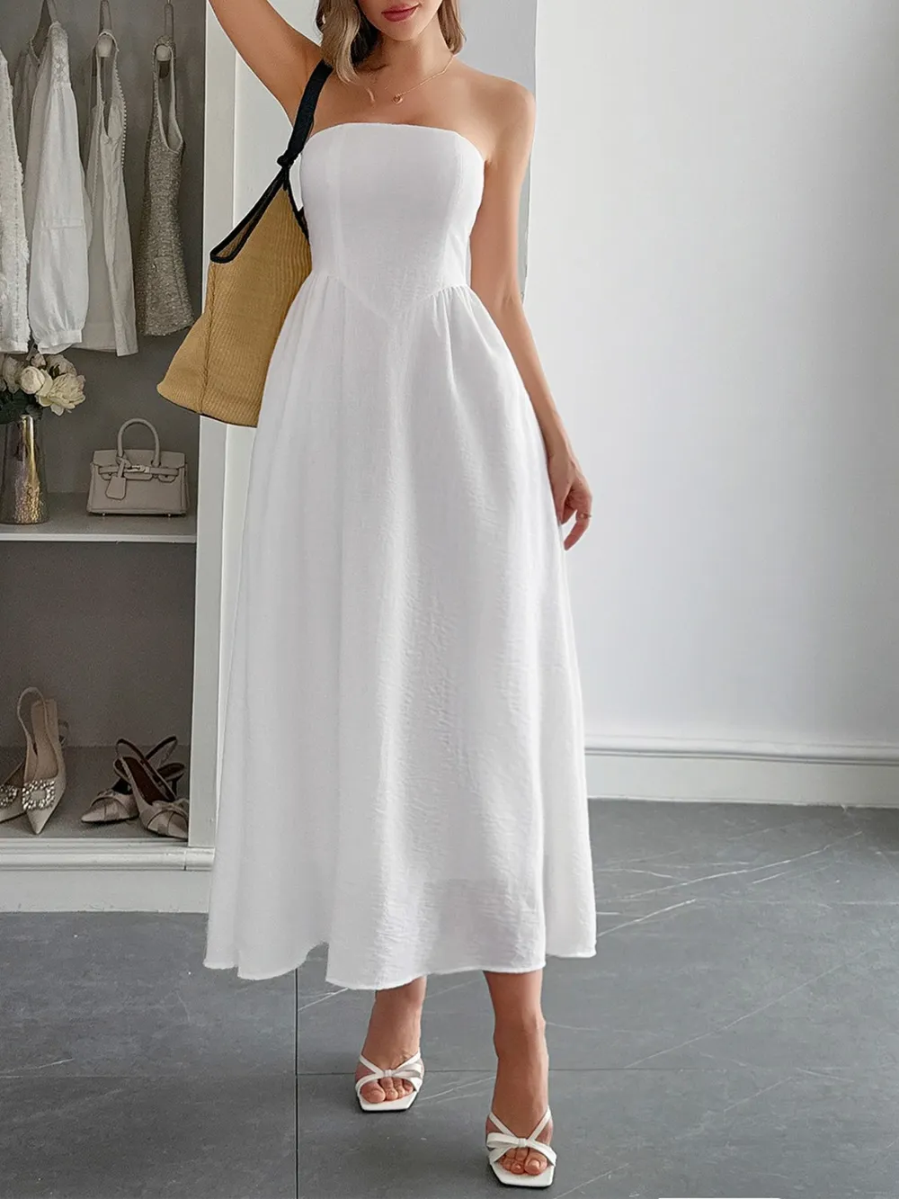 Strapless A-Line Midi Dress with Pockets, image 7
