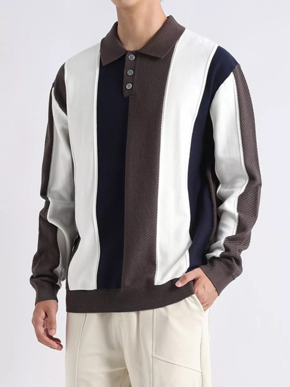 Men's Plus Size Color-Block Striped Polo Collar Knit Top, image 5