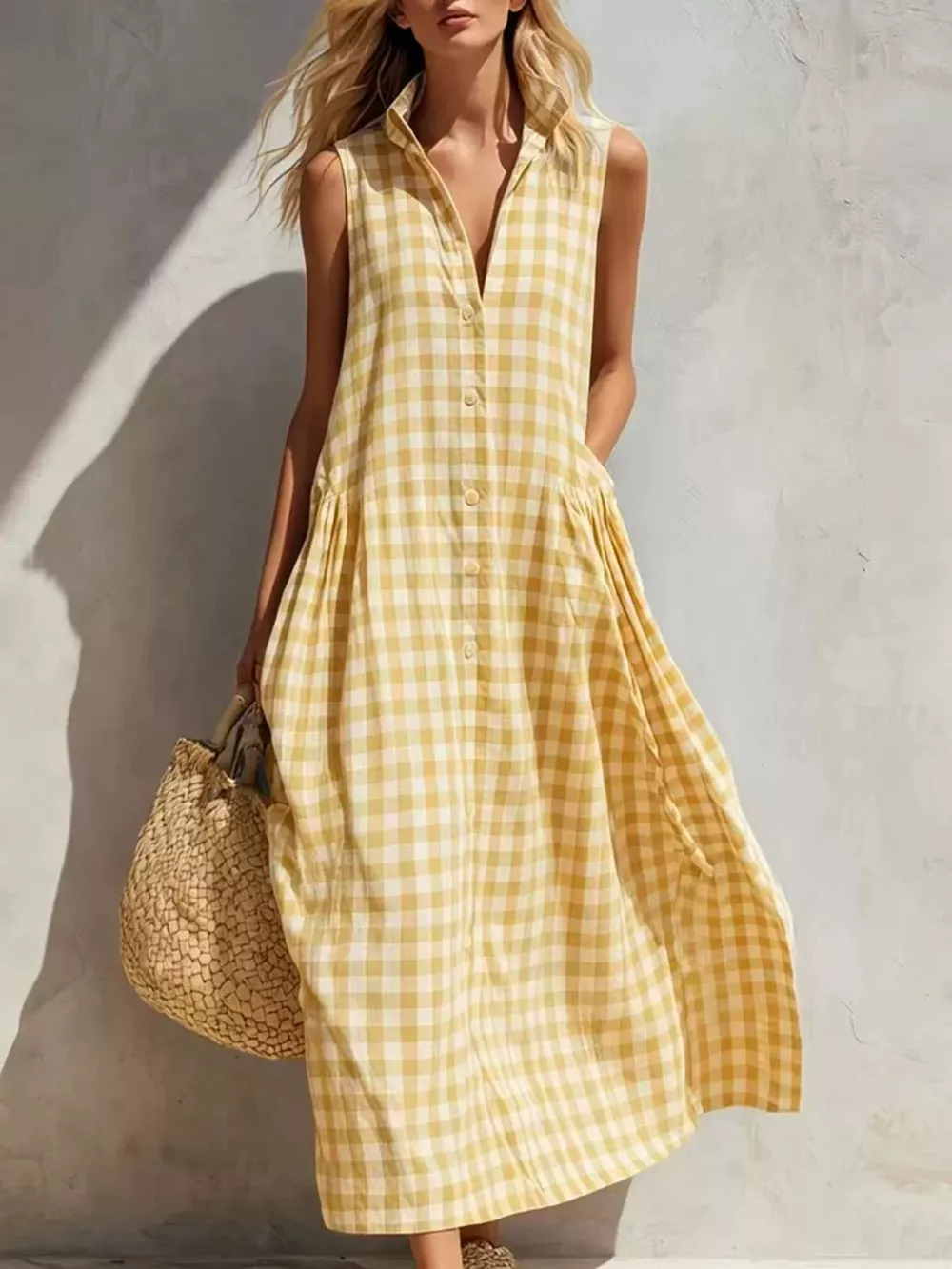 Full Size Sleeveless Gingham Button-Down Midi Dress Plus Size, image 5