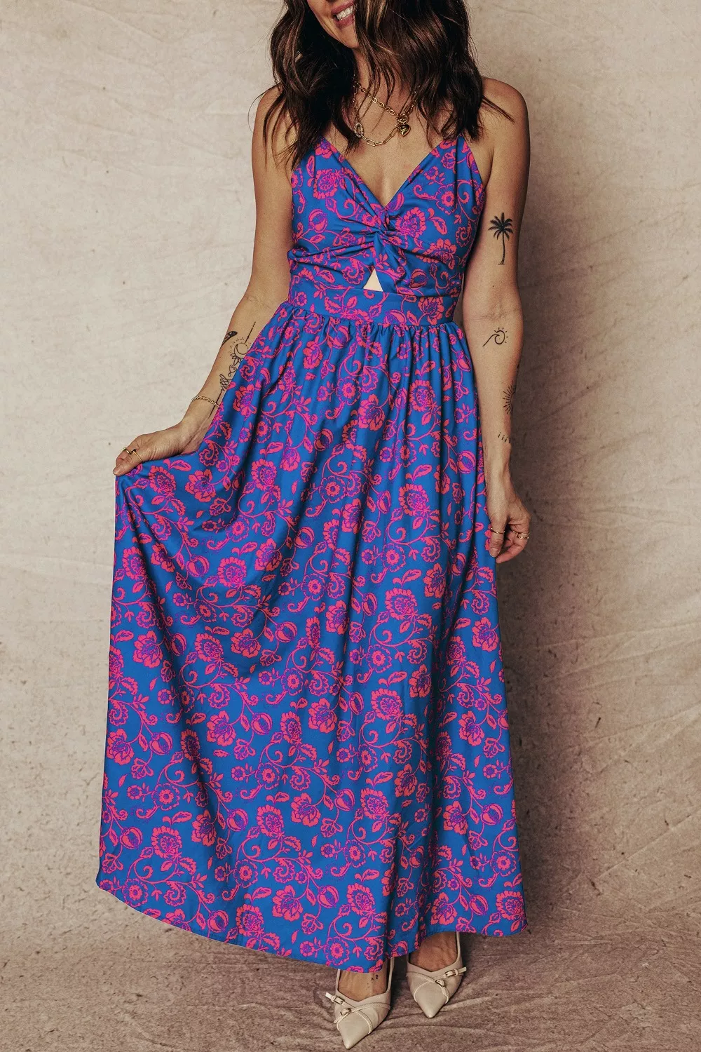 Floral Print Twisted V Neck Tied Backless Maxi Dress, image 5