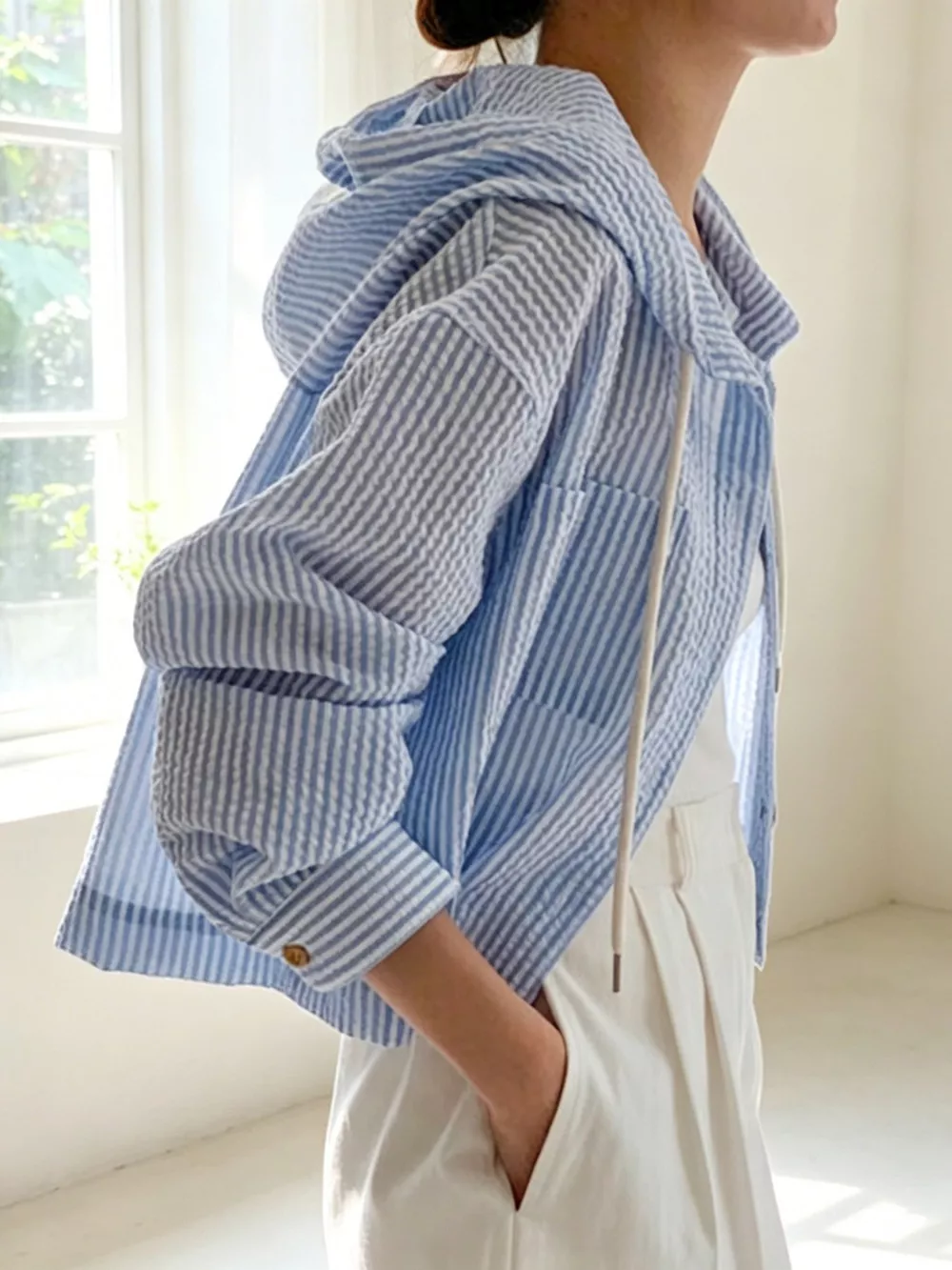Striped Hooded Shirt with Drawstring Detail, image 4