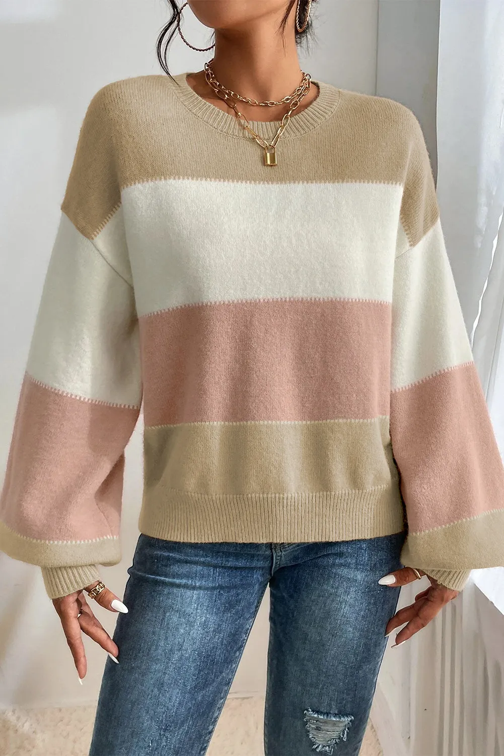 Color Block Round Neck Lantern Sleeve Sweater, image 3