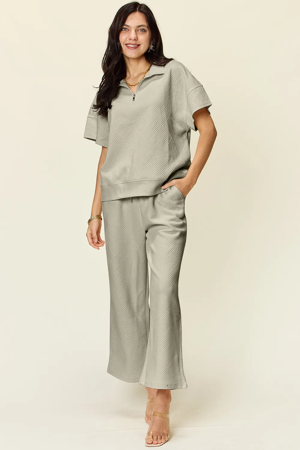 Full Size Texture Half Zip Short Sleeve Top and Pants Set, image 13