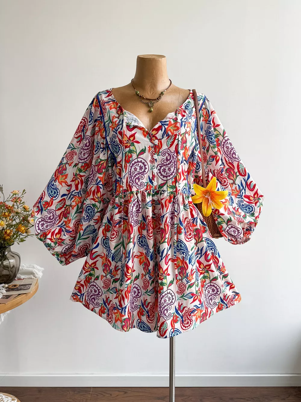 Plus Size Boho Floral Print Button-Down Romper