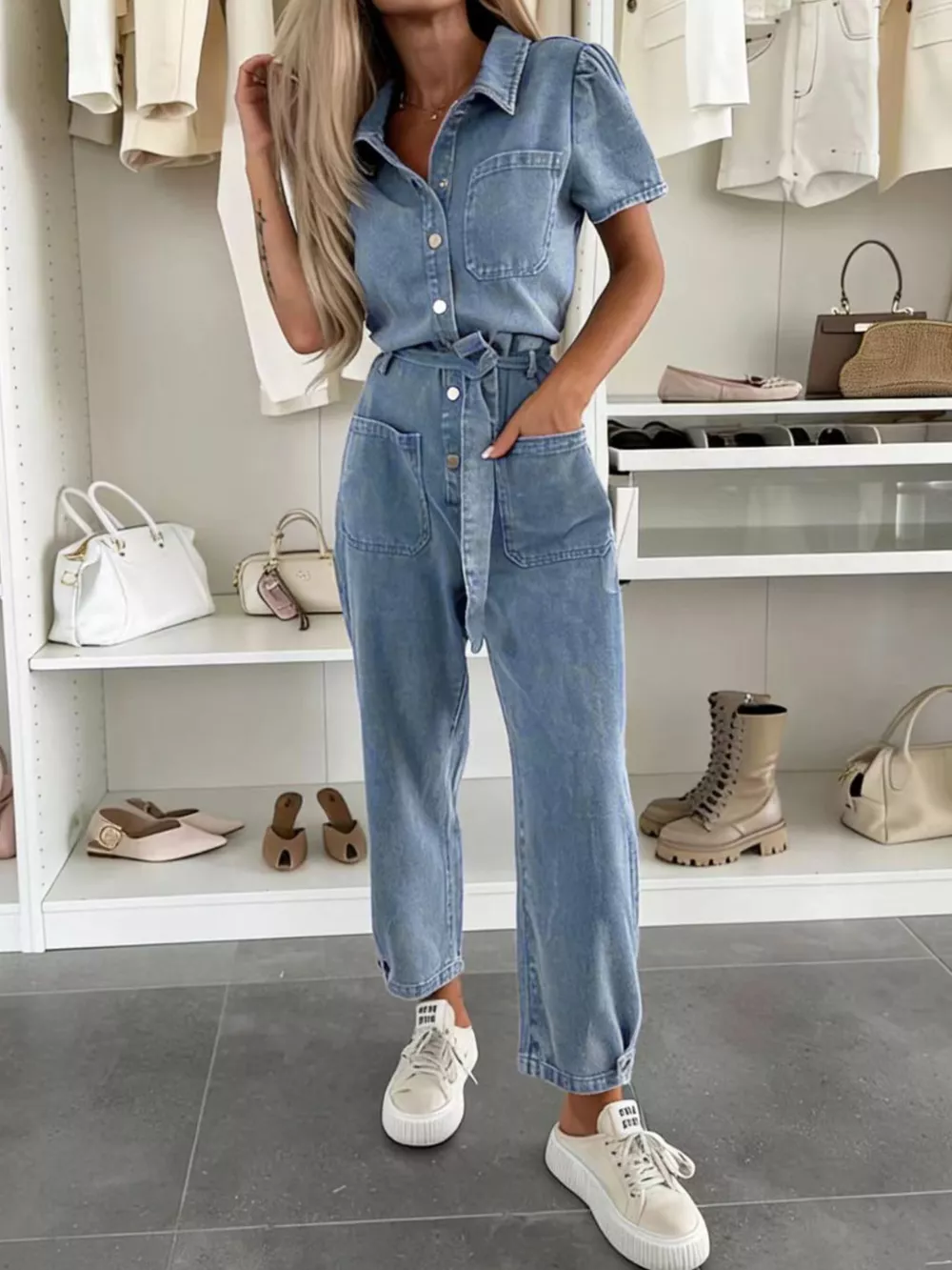 Vintage Wash Short Sleeve Denim Jumpsuit