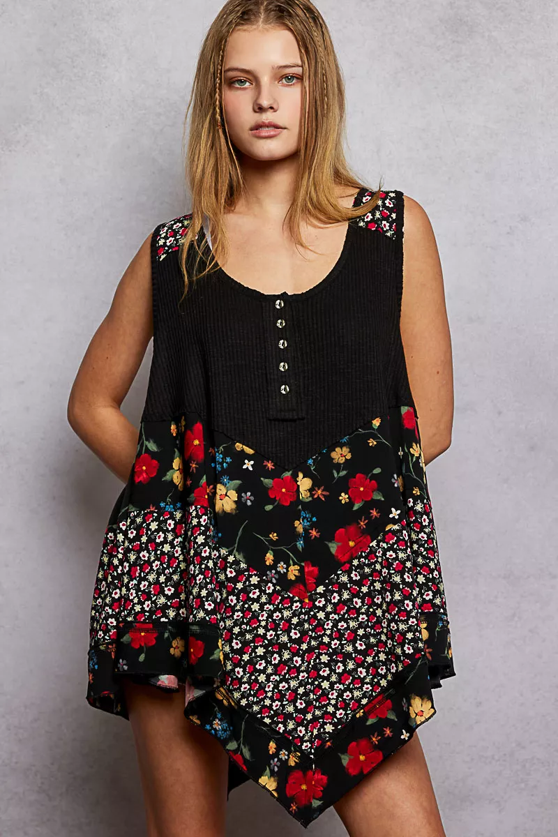 Round Neck Ribbed Tank with Woven Print Patch