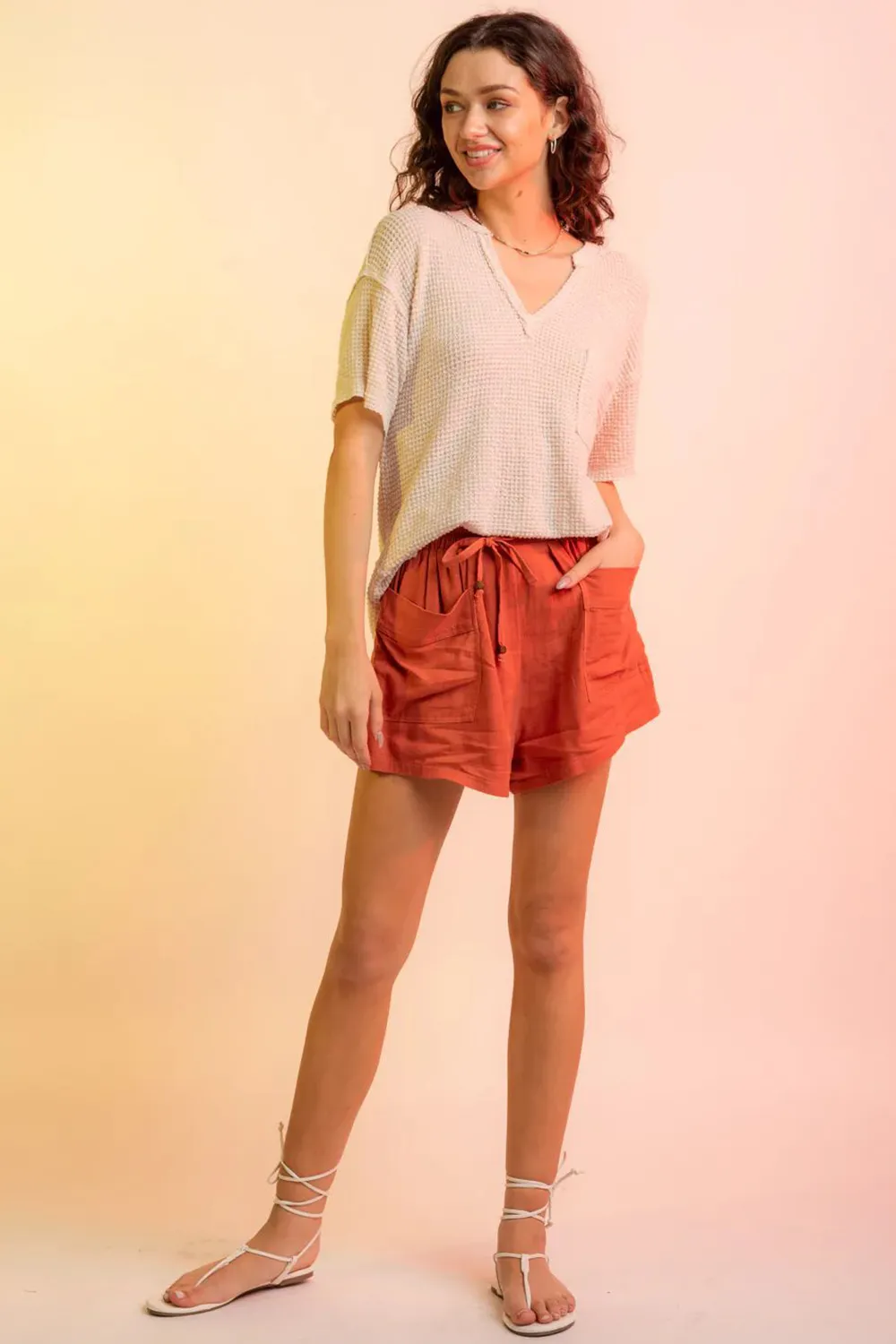 Waffle-Knit Notched Half Sleeve T-Shirt, image 17